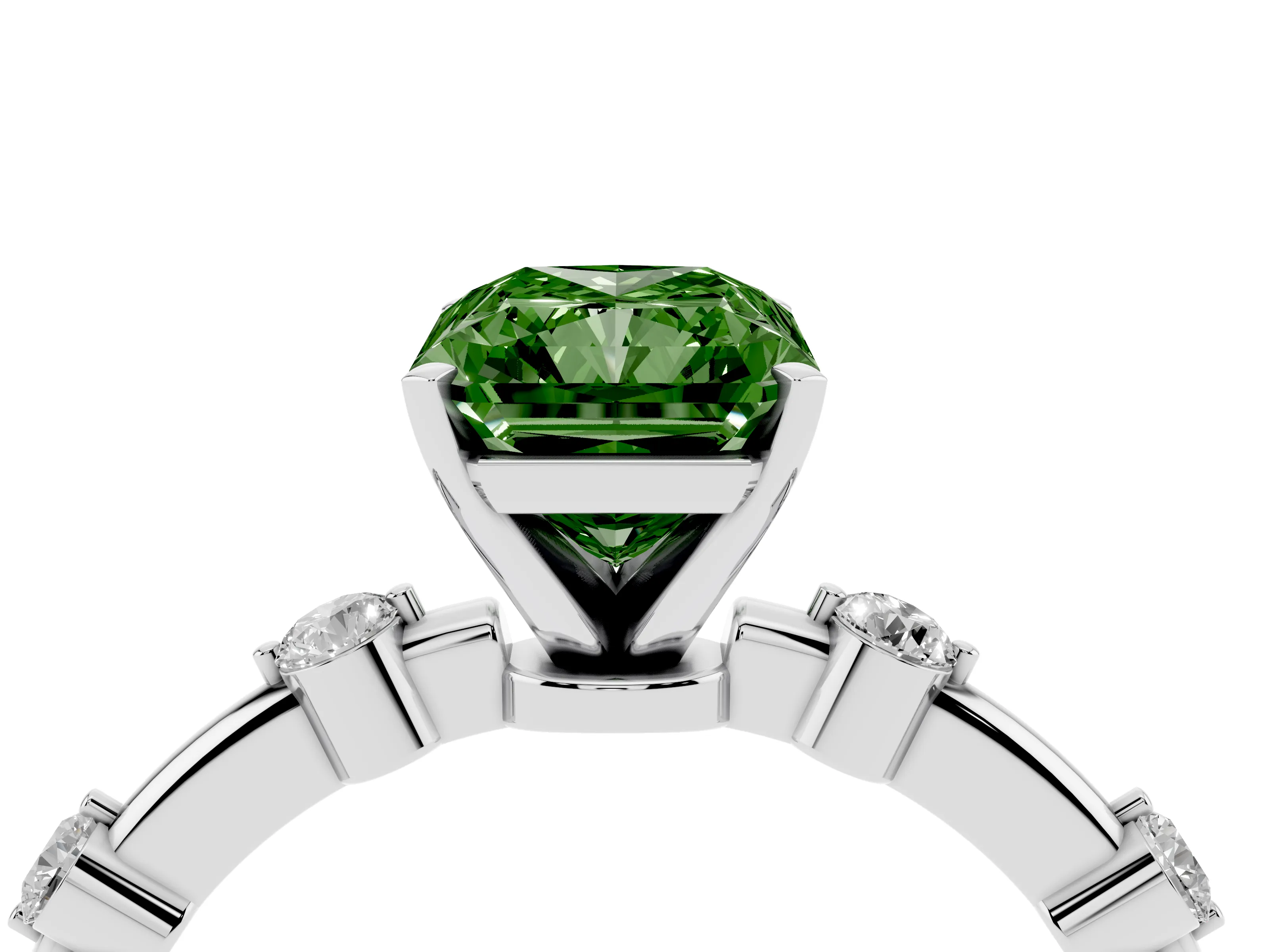 Fancy Green Radiant Cut Diamond Solitaire Ring Set in White gold with Bezel Set Side Stones and Prong Setting