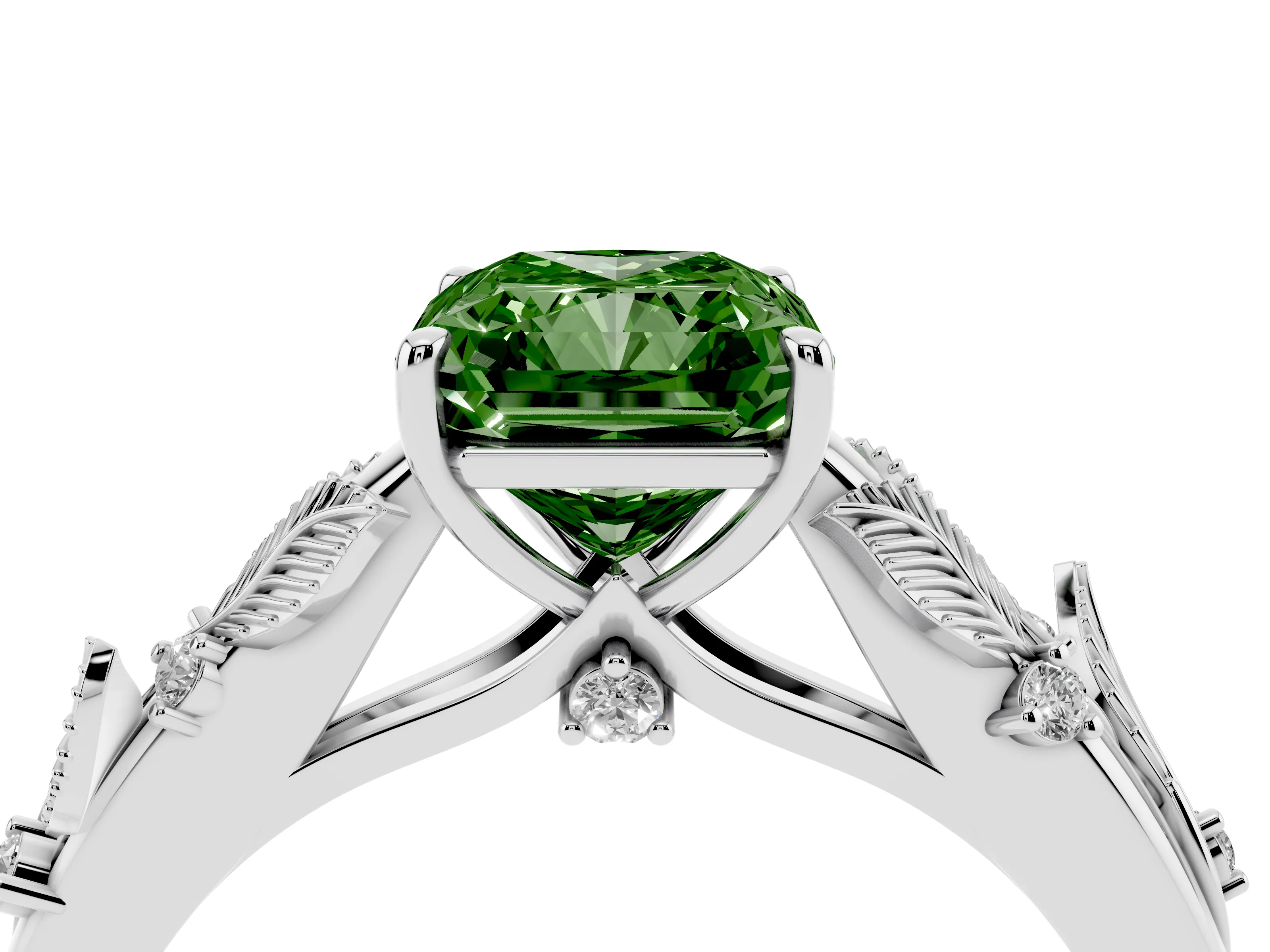 Fancy Green Radiant Cut Diamond Solitaire Ring Set in Platinum with Leaf Motif Band