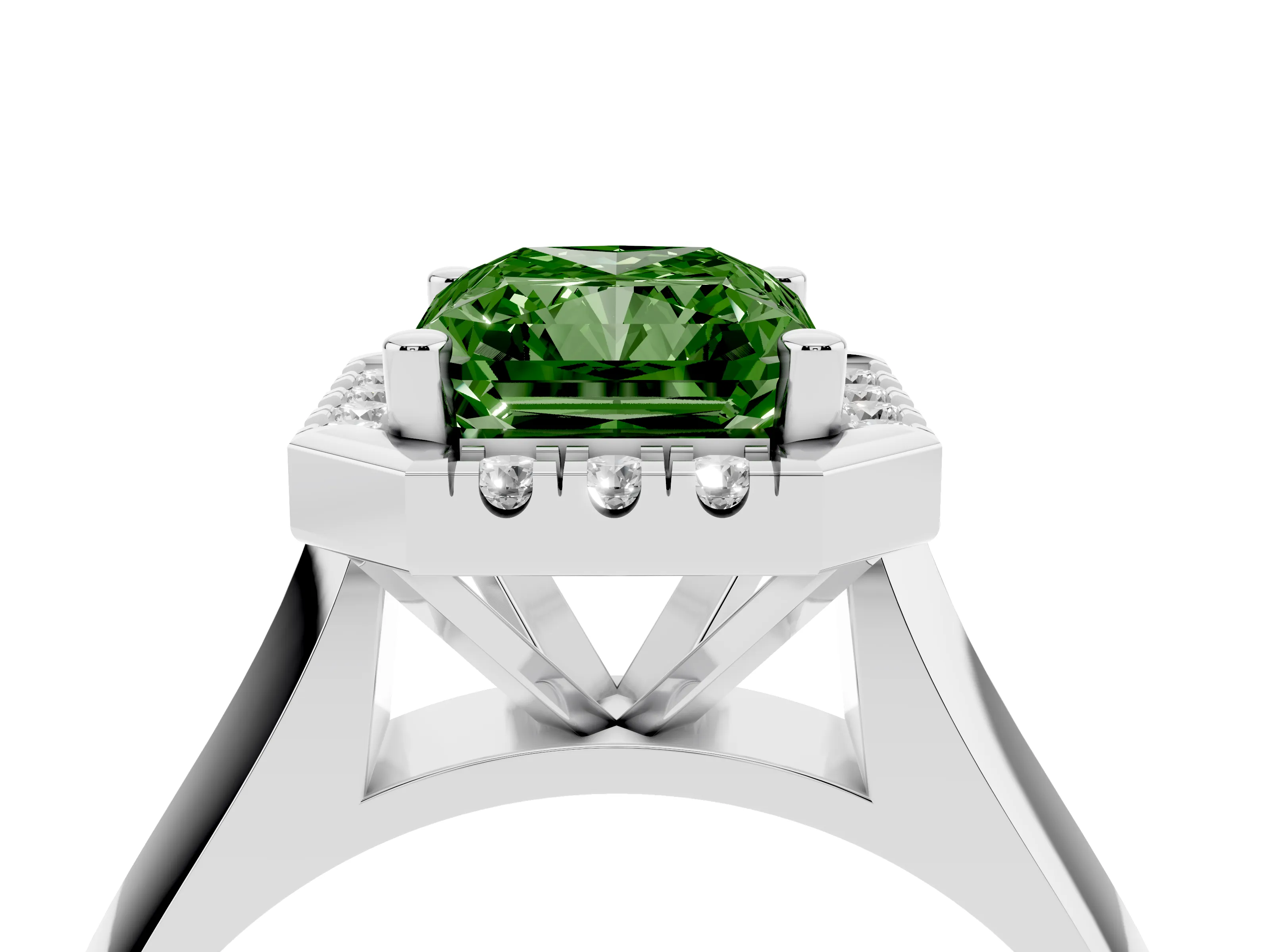 Fancy Green Radiant Cut Diamond Halo Solitaire Engagement Ring Set in White gold with Square Band and Prong Setting