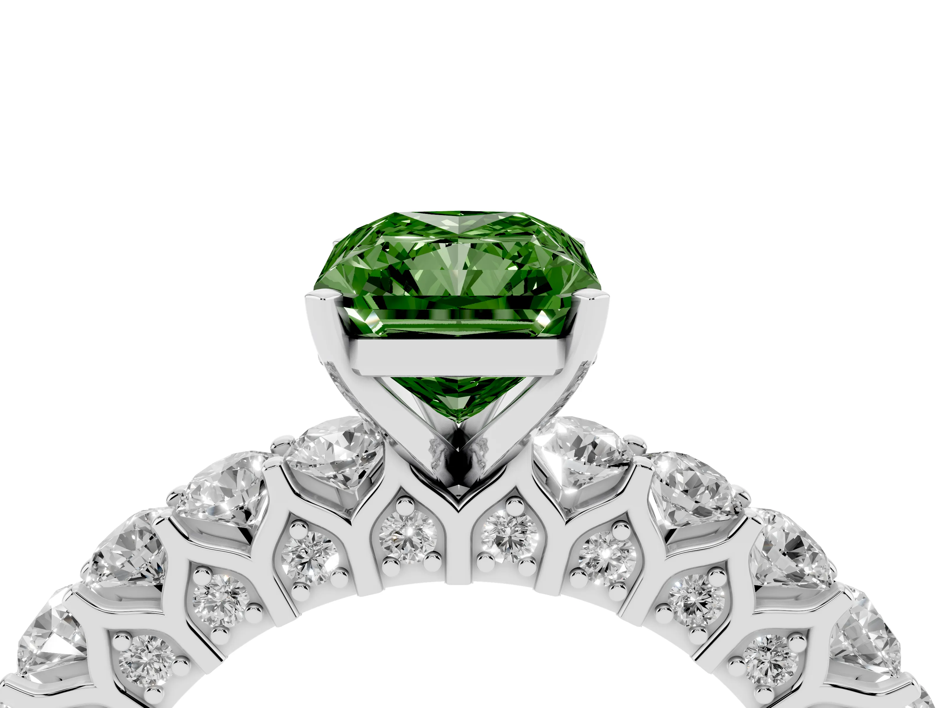 Fancy Green Radiant Cut Diamond Solitaire Ring Set in Silver with Shared Prong Pavé Band