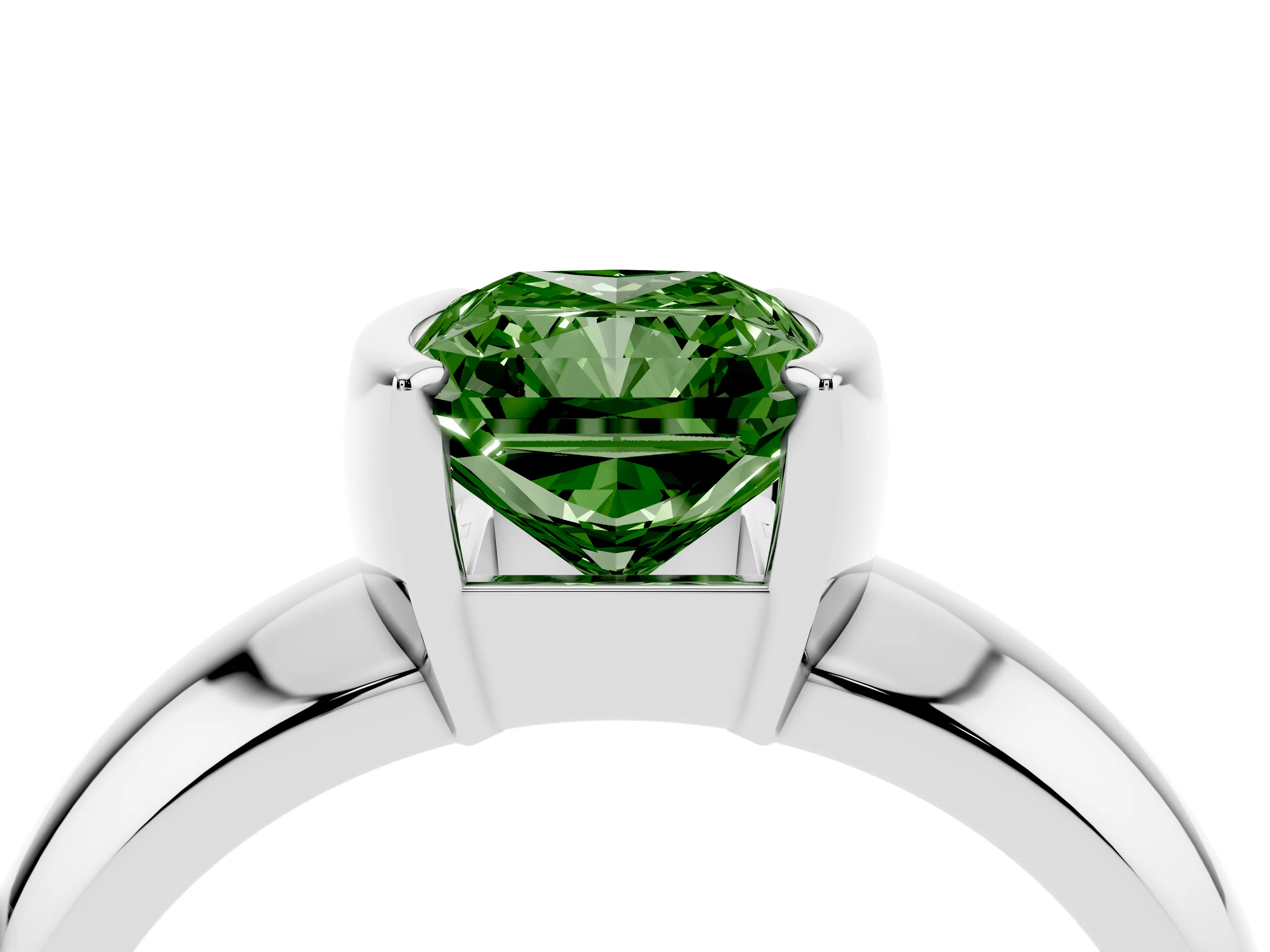 Fancy Green Radiant Cut Diamond Solitaire Tension Set Ring Set in White gold with Wide Band