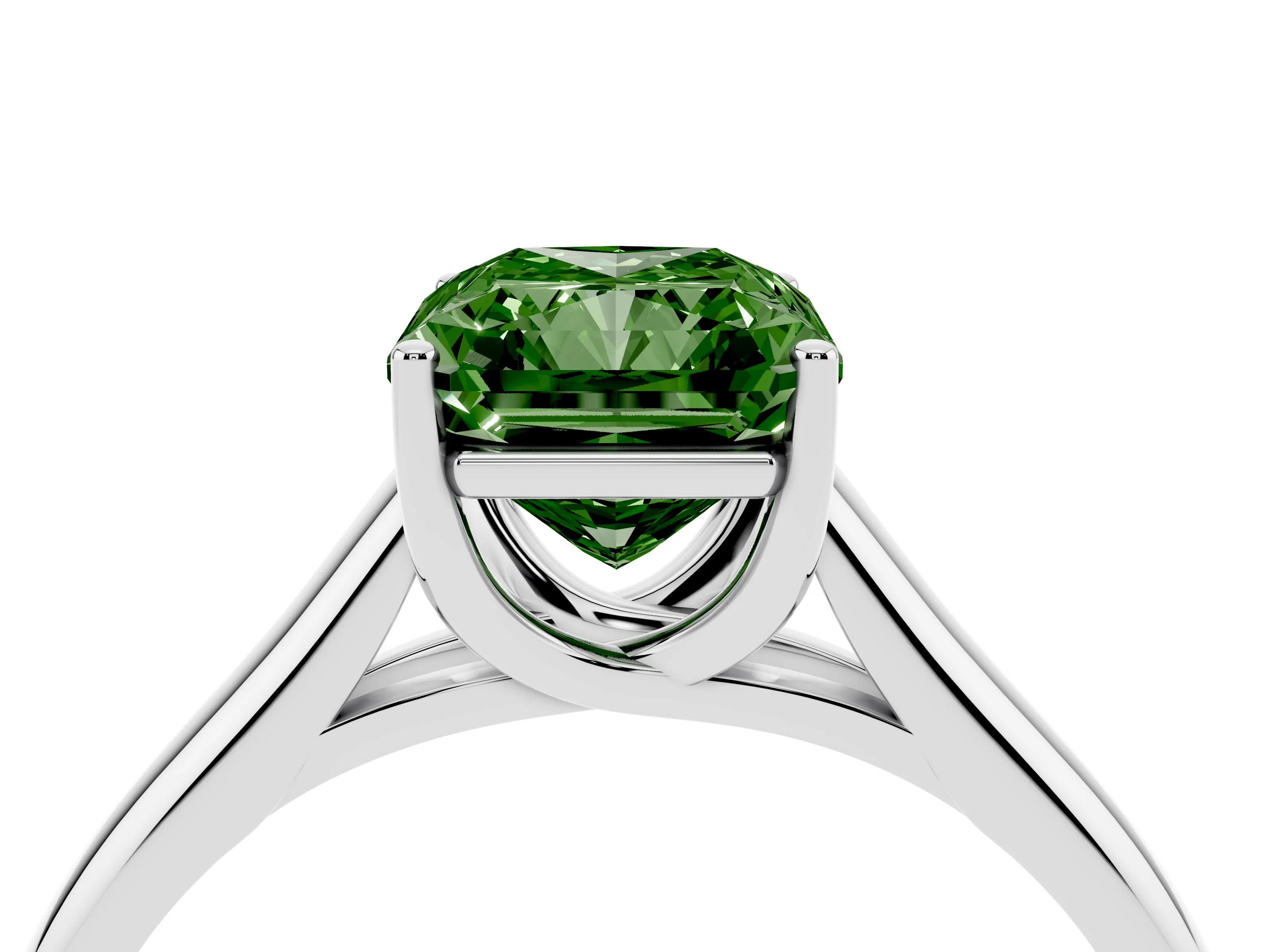 Fancy Green Radiant Cut Diamond Solitaire Engagement Ring Set in Platinum with Subtly Tapered Band and Prong Setting