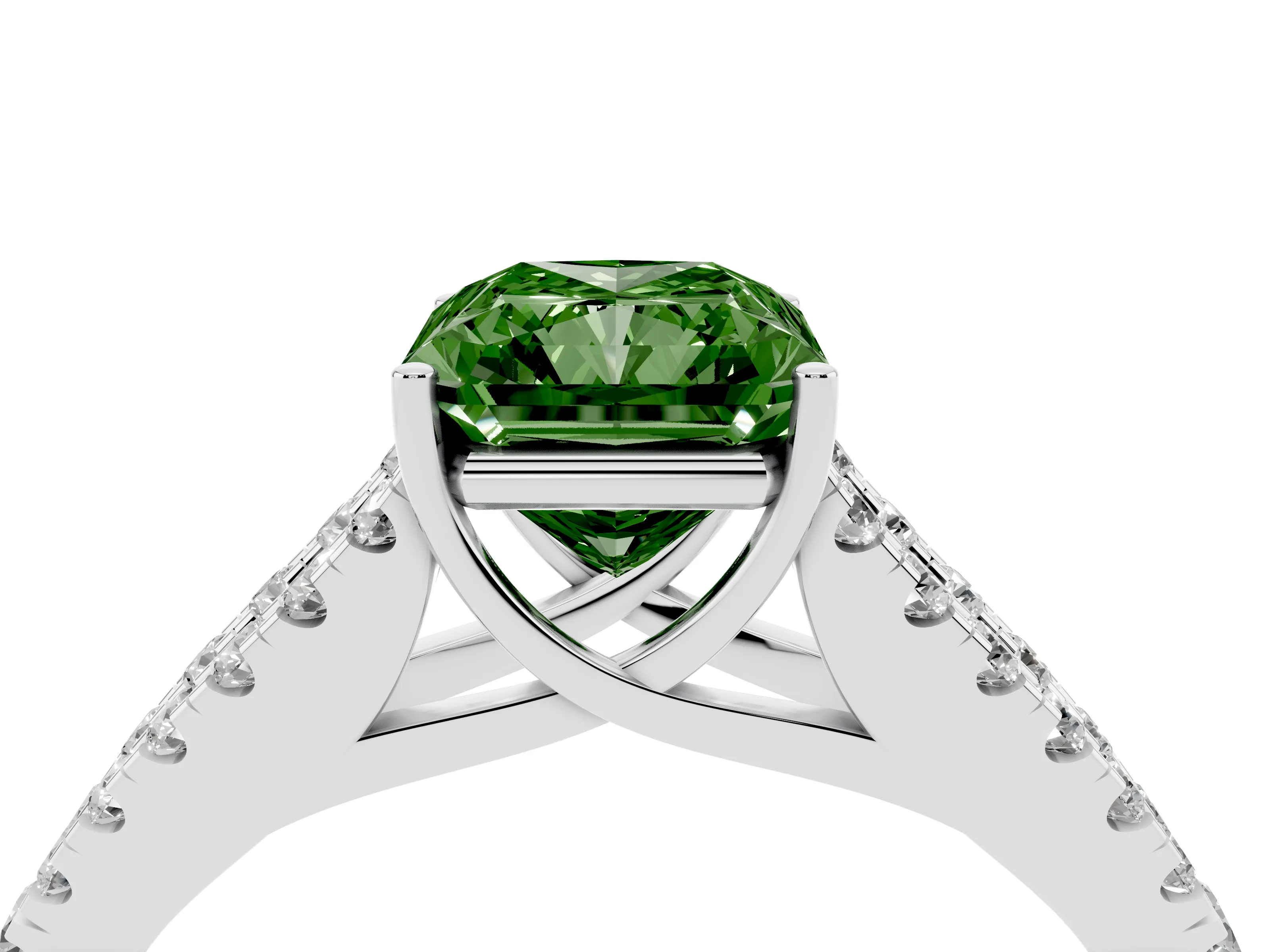 Fancy Green Radiant Cut Diamond Split Shank Pavé Engagement Ring Set in Platinum with Prong-Held Center Stone