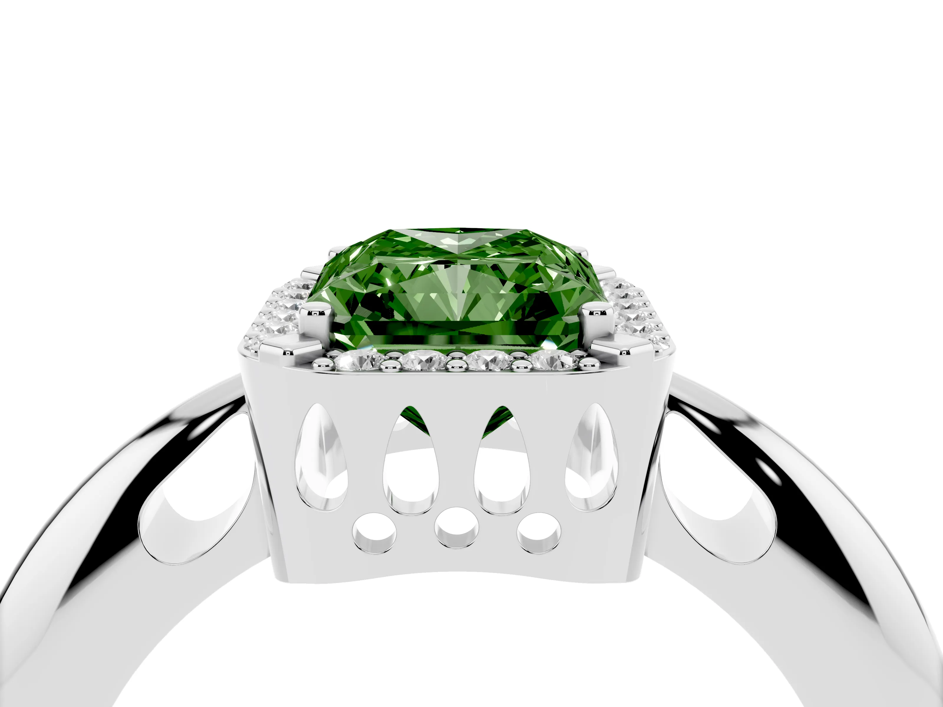 Fancy Green Radiant Cut Diamond Halo Engagement Ring Set in Platinum with Plain Split Shank and Prong Setting