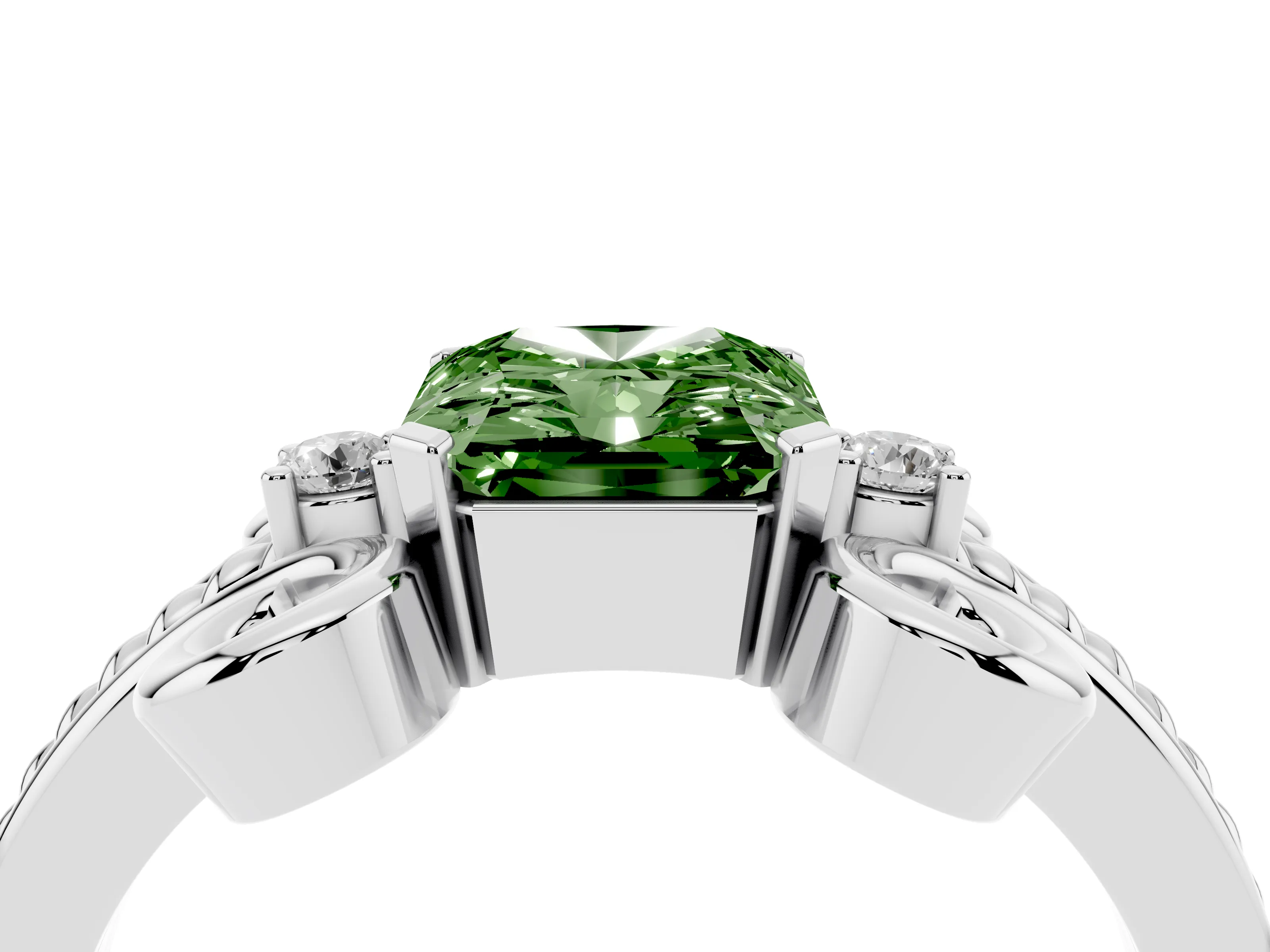 Fancy Green Radiant Cut Diamond Twisted Band Solitaire Ring Set in Platinum with Scroll Prongs
