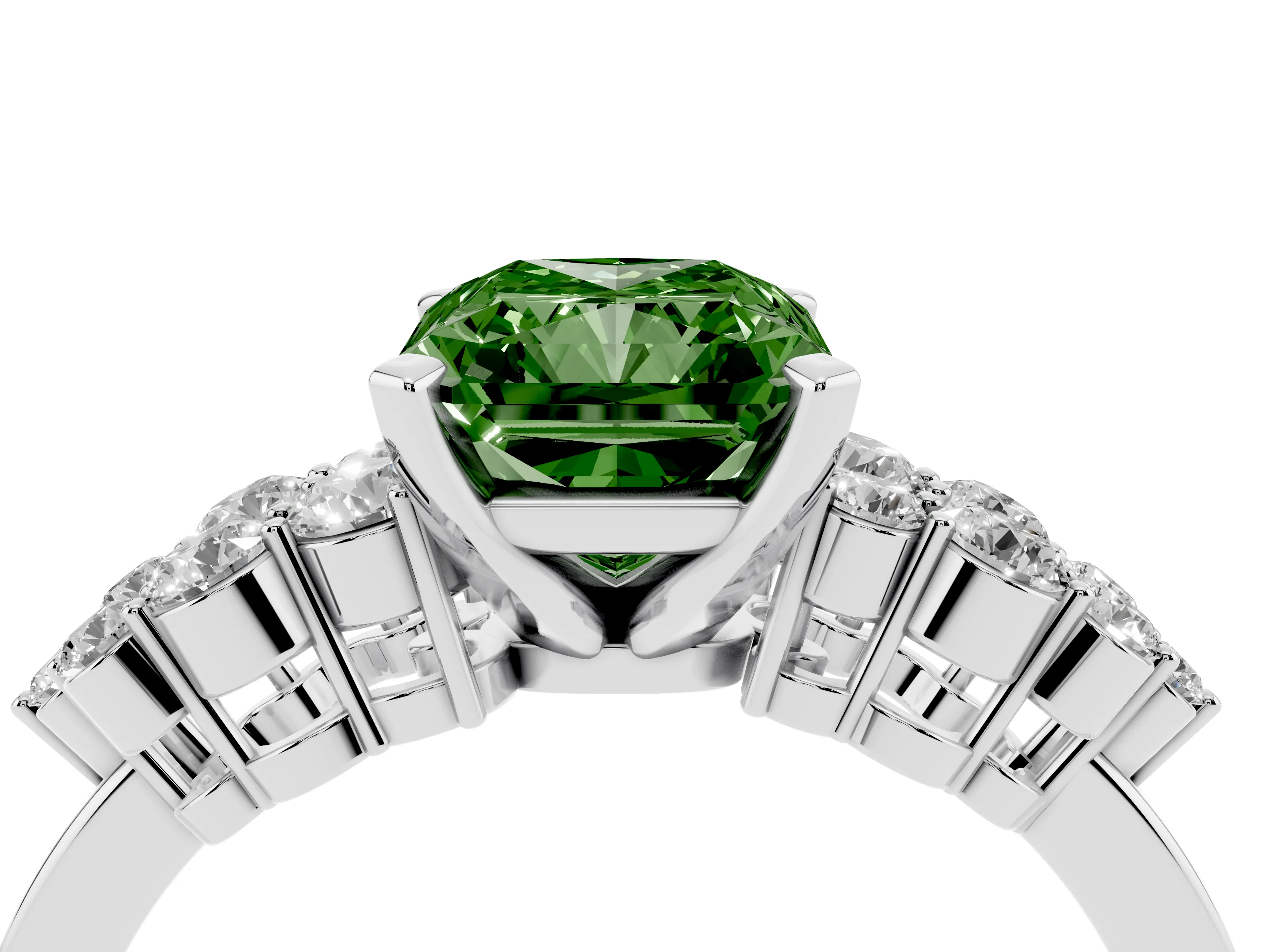 Fancy Green Radiant Cut Diamond Cluster Engagement Ring Set in Platinum with Pavé Band and Prong Setting
