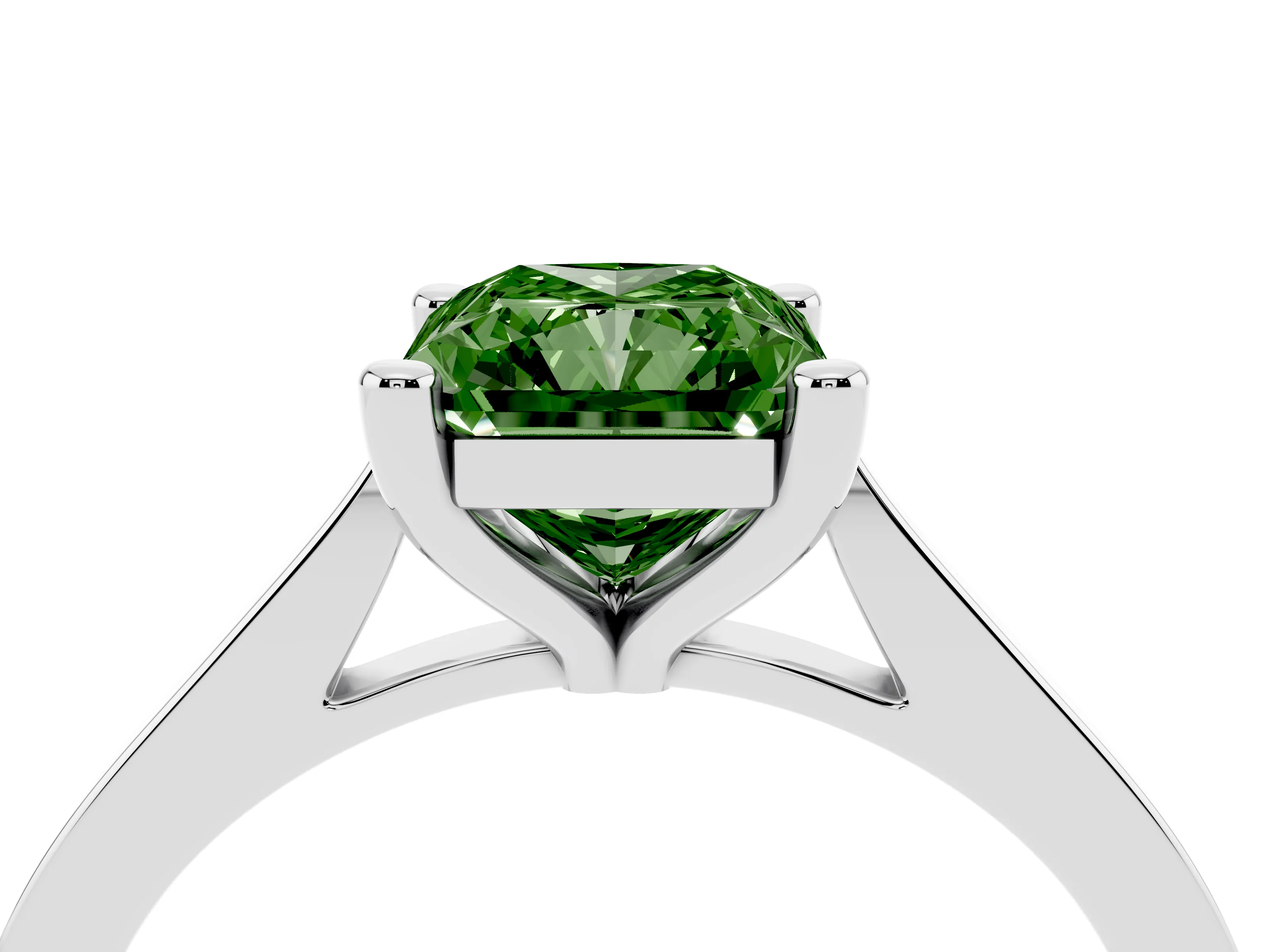 Fancy Green Radiant Cut Diamond Solitaire Ring Set in Silver with Prong Setting and Tapered Band