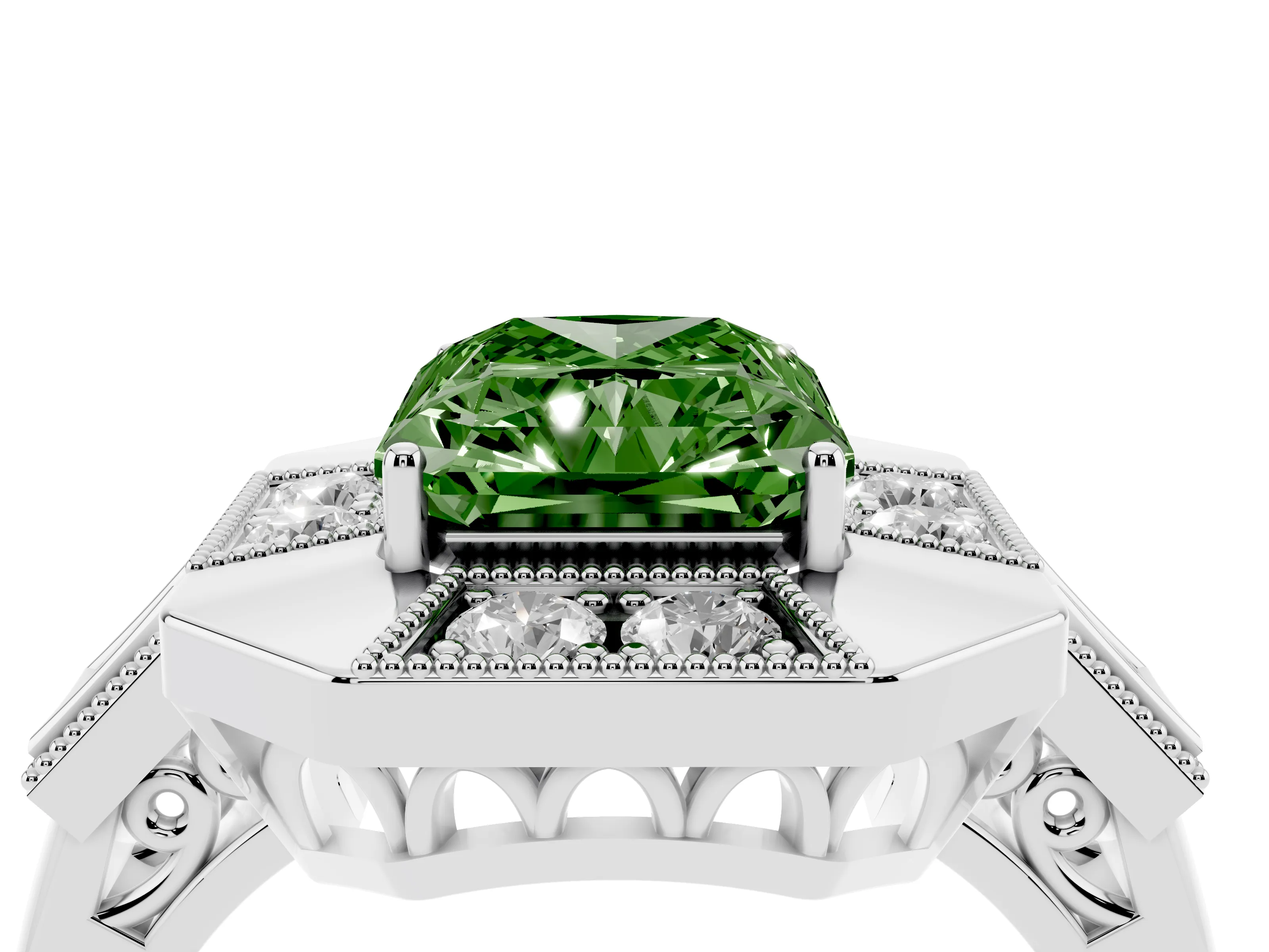 Fancy Green Radiant Cut Diamond Milgrain Halo Ring Set in Silver with Split Shank