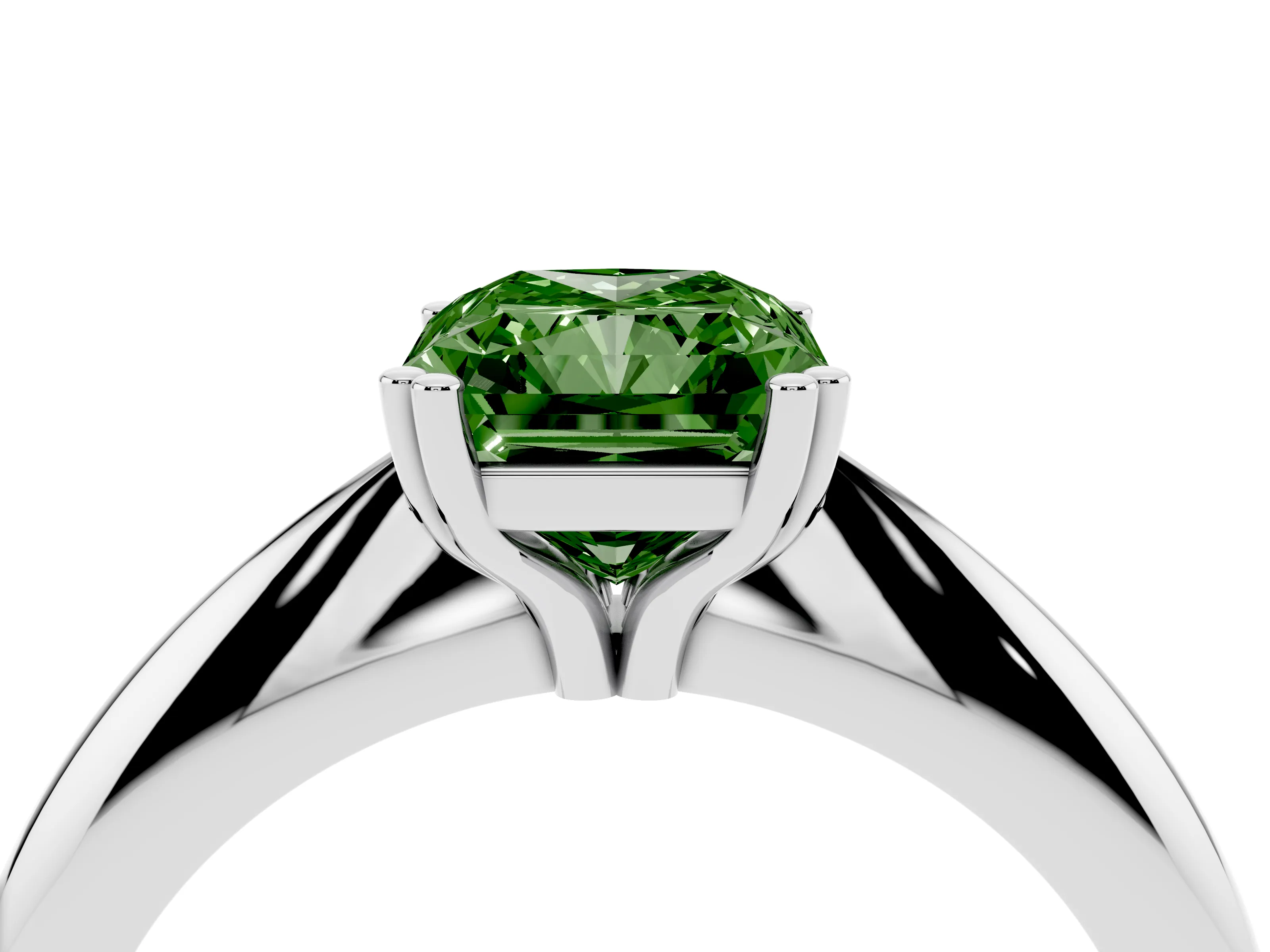 Fancy Green Radiant Cut Diamond Solitaire Engagement Ring Set in White gold with Tapered Band and Prong Setting