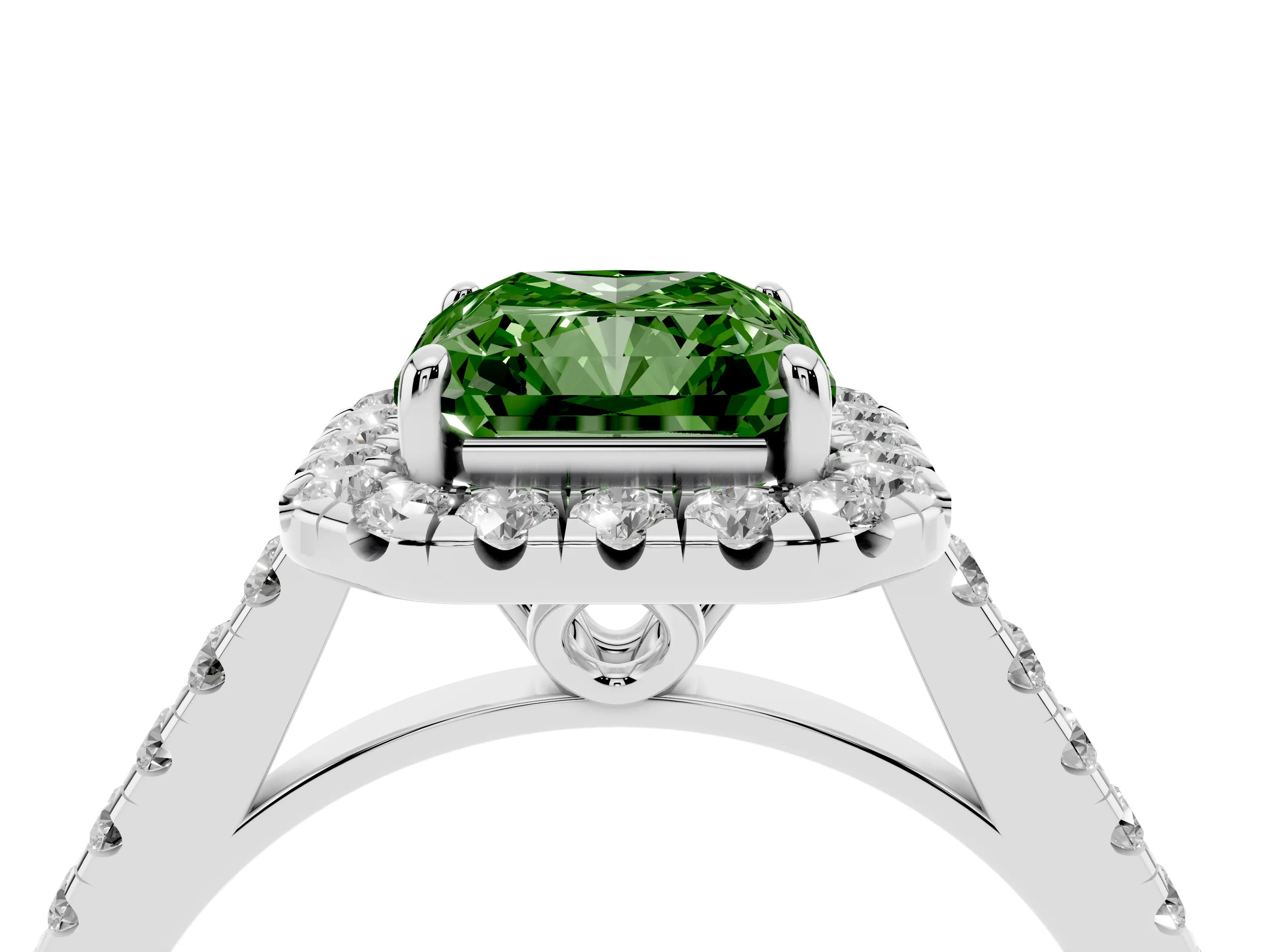 Fancy Green Radiant Cut Diamond Pavé Halo Engagement Ring Set in White gold with Pavé Band and Prong Setting
