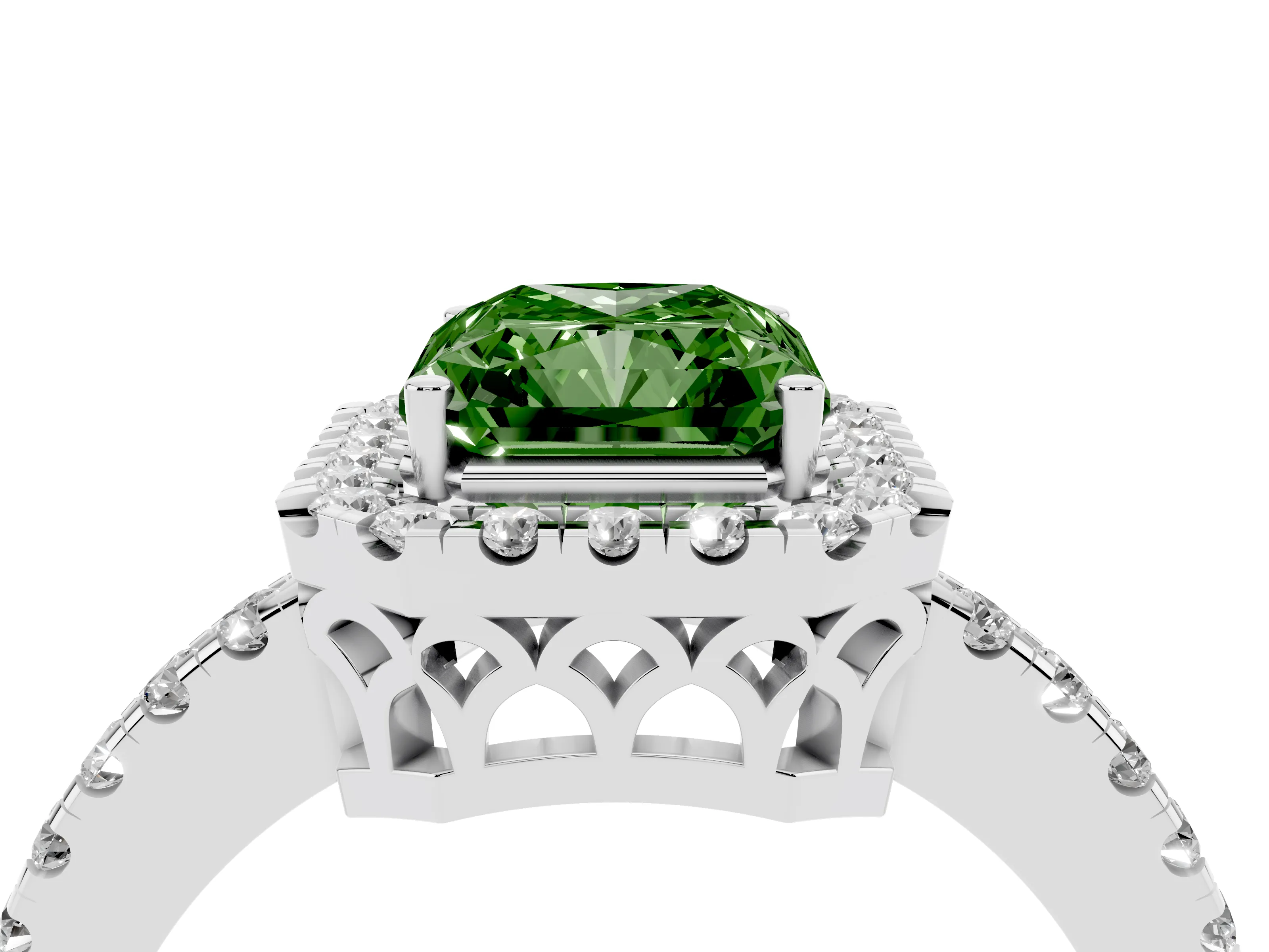 Fancy Green Radiant Cut Diamond Pavé Band Halo Engagement Ring Set in White gold with Prong Setting