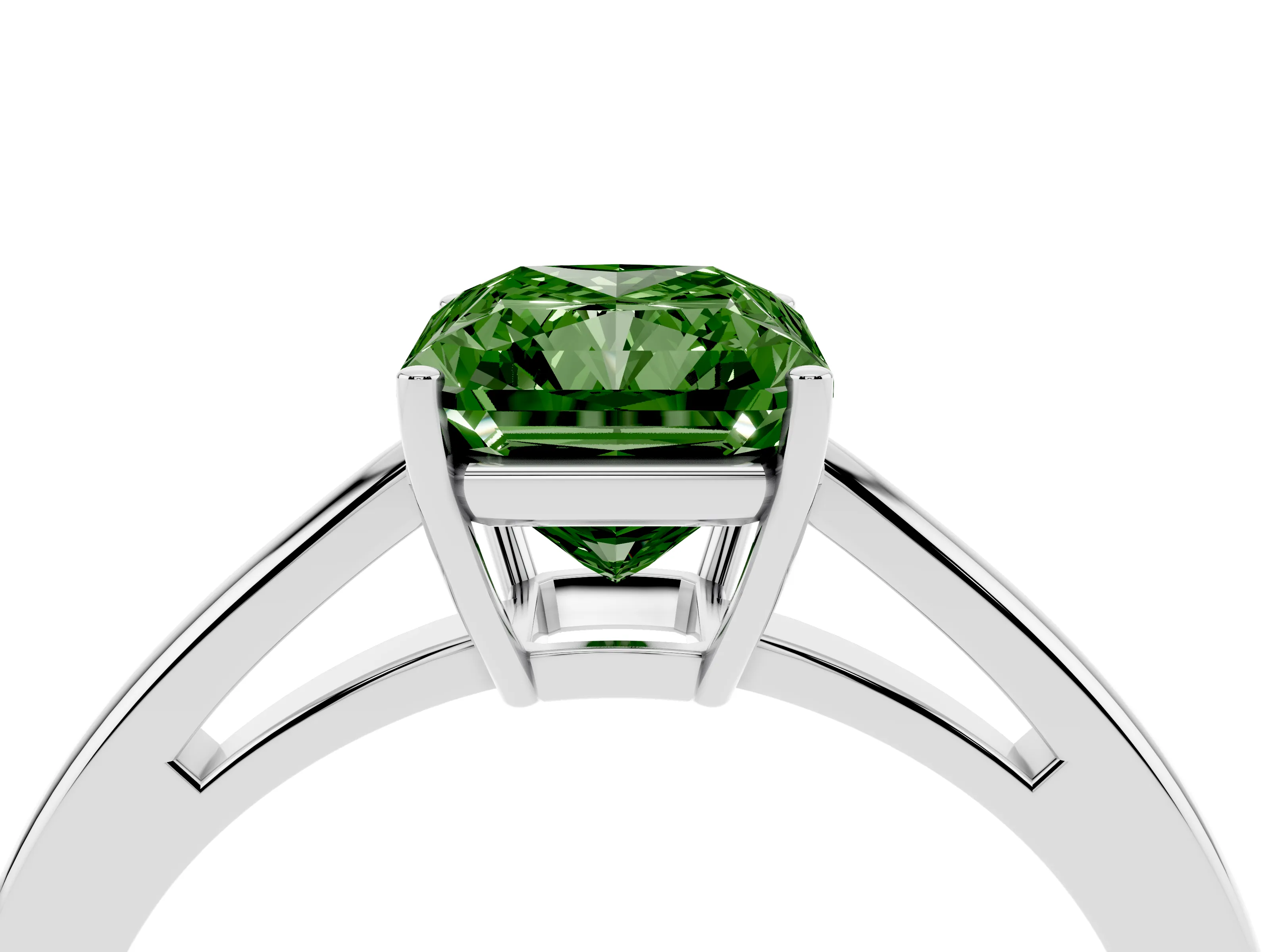 Fancy Green Radiant Cut Diamond Solitaire Ring Set in Silver with Split Shank and Prong Setting