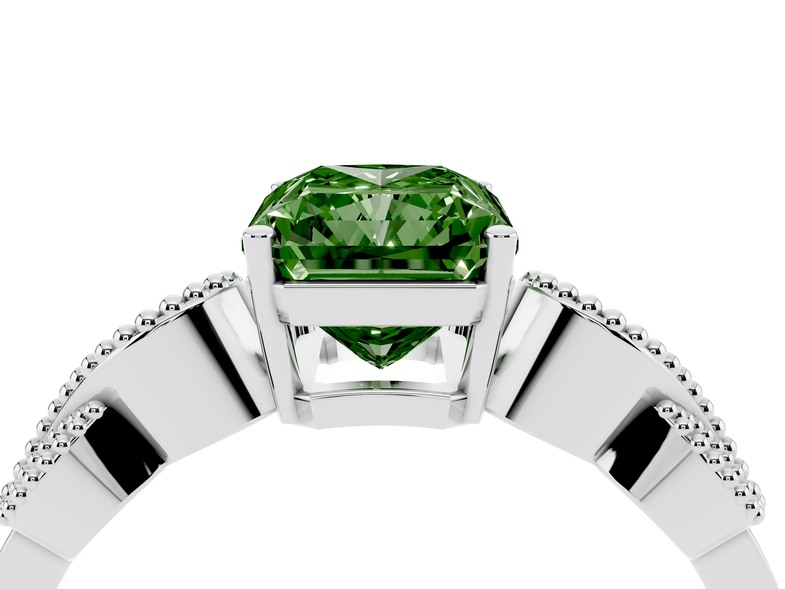 Fancy Green Radiant Cut Diamond Milgrain Leaf Band Solitaire Ring Set in Silver with Accent Stones and Prong Setting