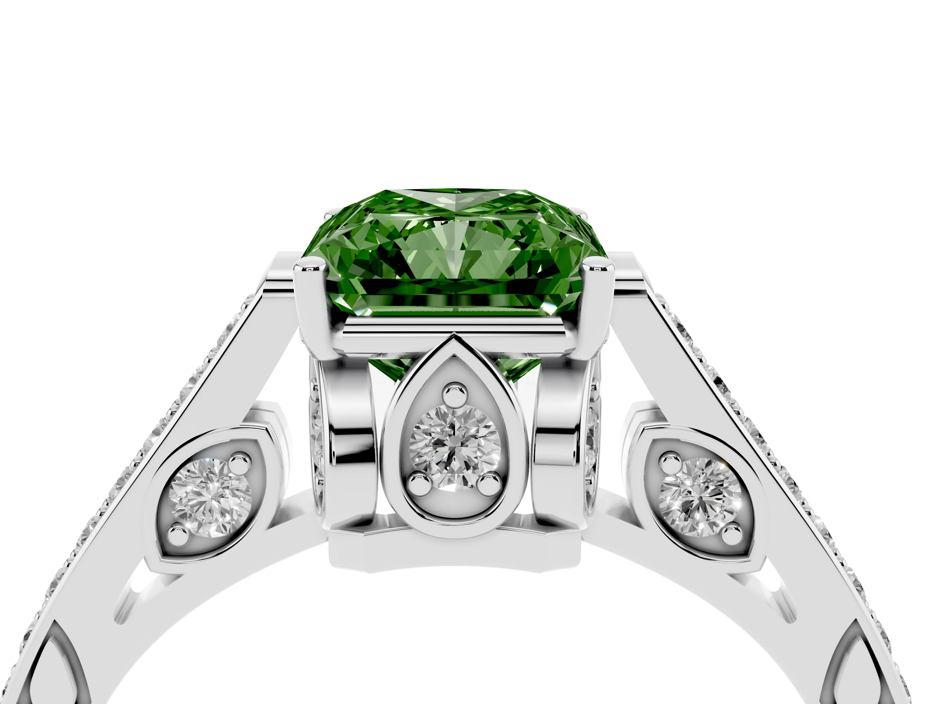 Fancy Green Radiant Cut Diamond Cathedral Pavé Engagement Ring Set in Platinum with Prong Setting