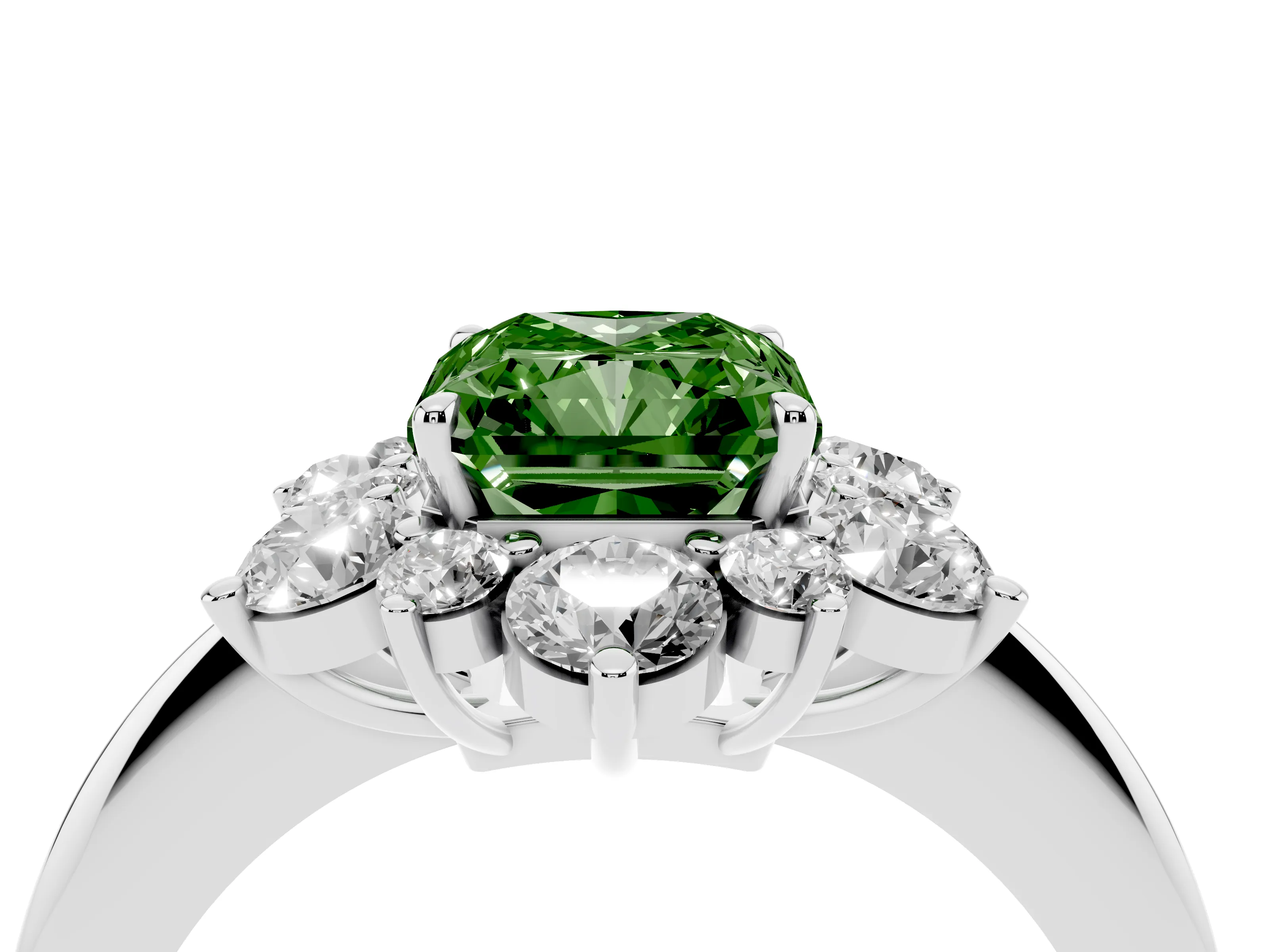 Fancy Green Radiant Cut Diamond Cluster Halo Ring Set in Silver with Solitaire Band and Prong Setting