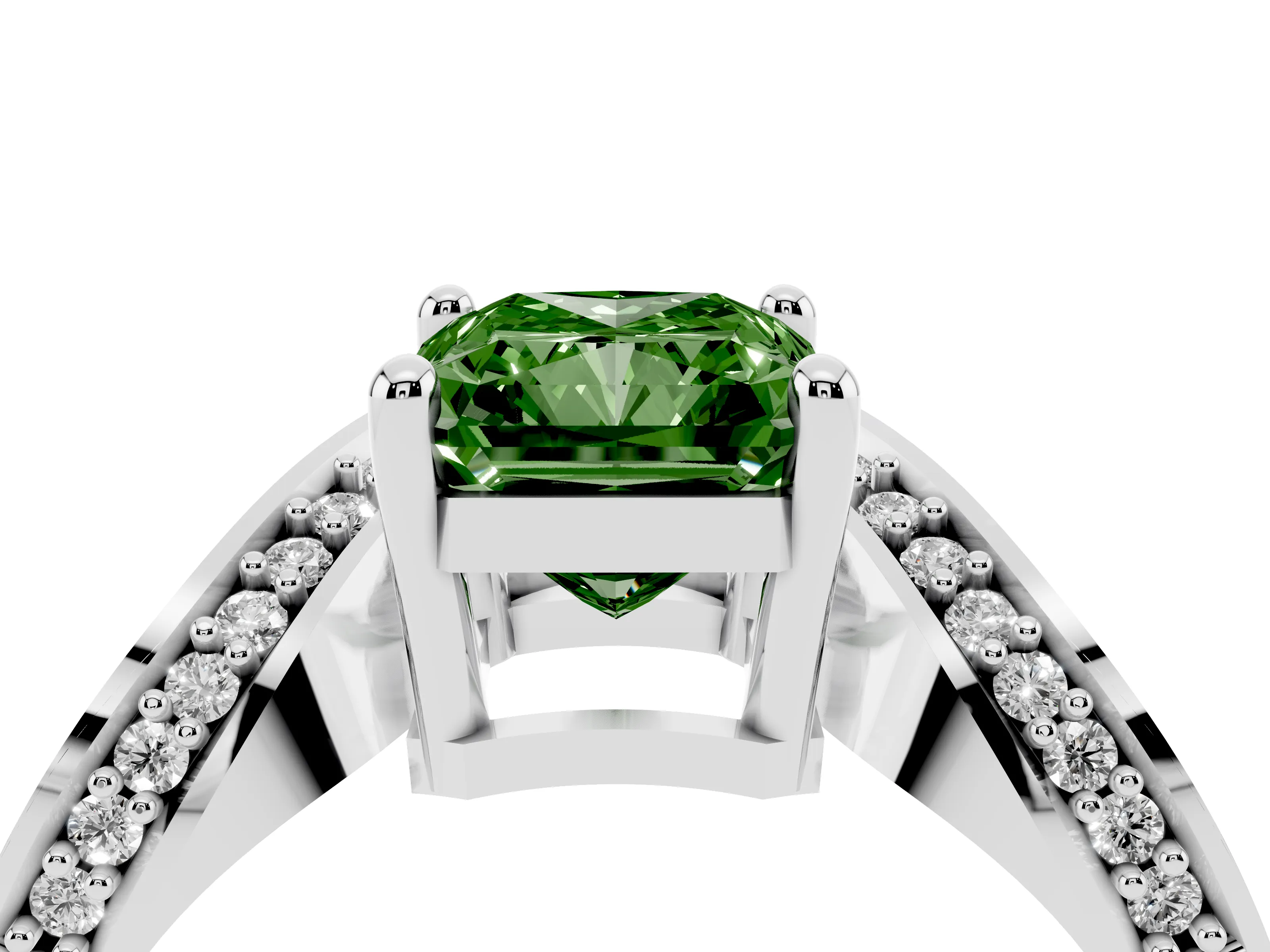 Fancy Green Radiant Cut Diamond Solitaire Engagement Ring Set in Platinum with Pavé Shoulders