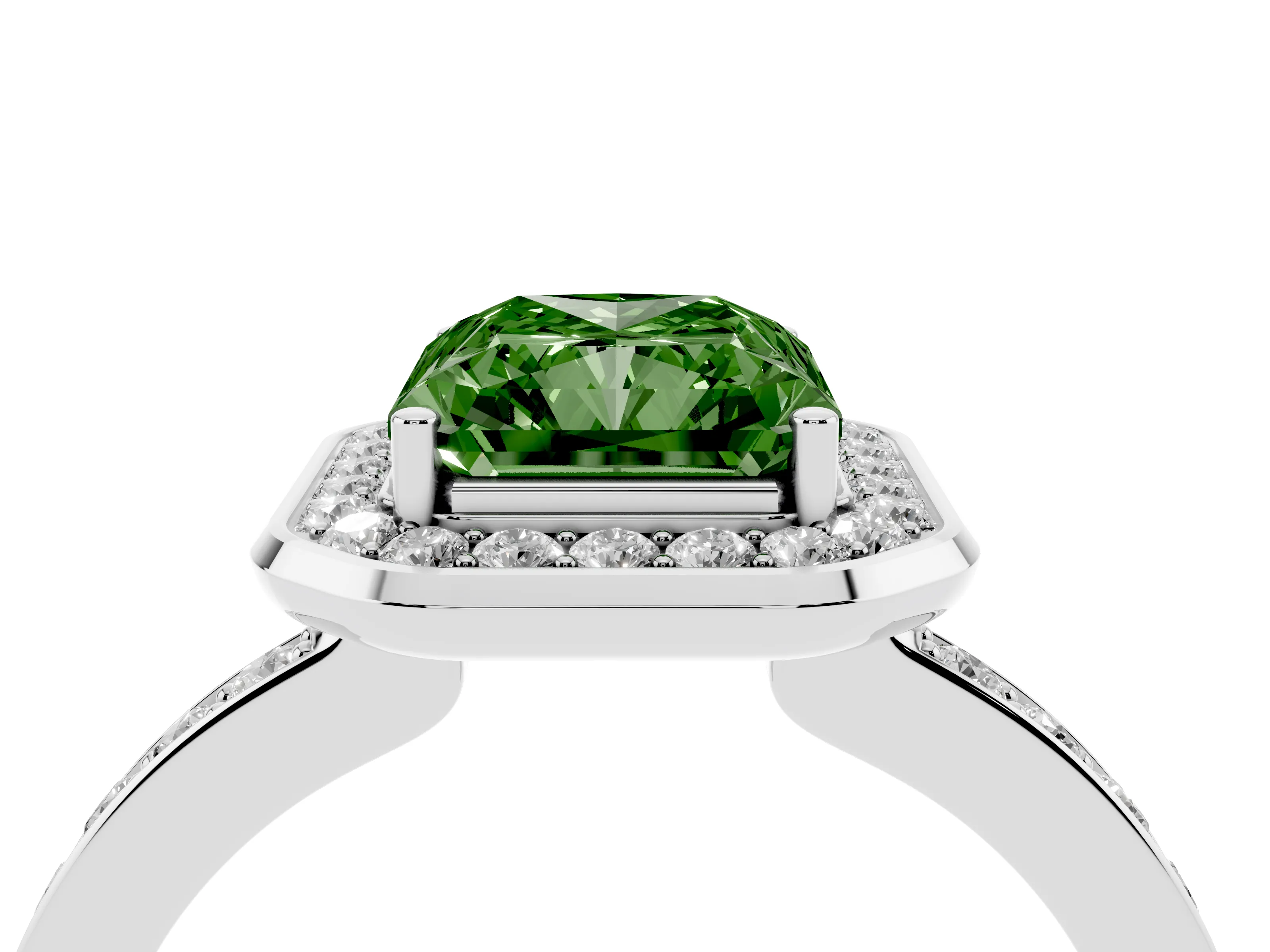 Fancy Green Radiant Cut Diamond Halo Ring Set in Silver with Bezel Frame and Pavé Band