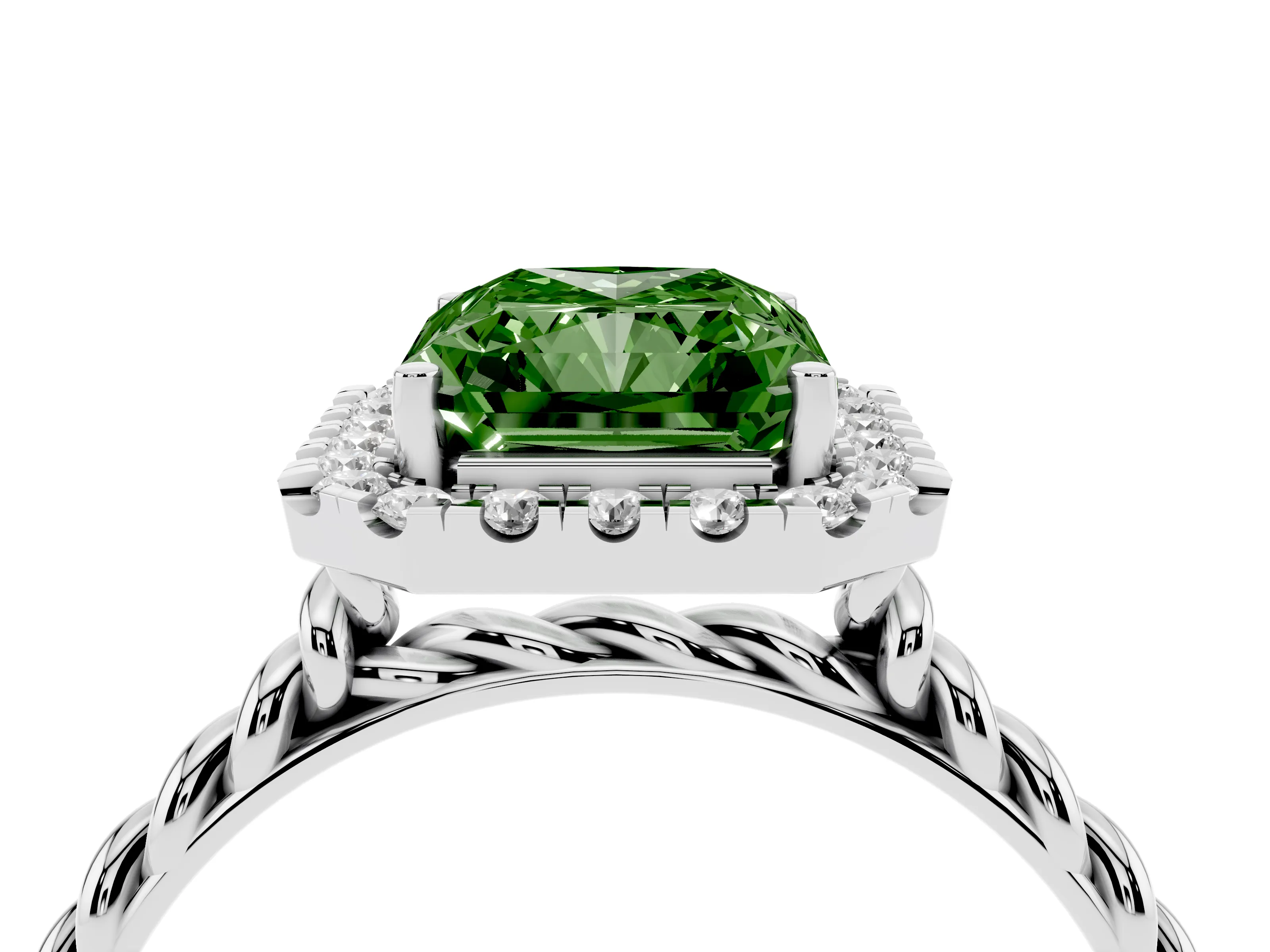 Fancy Green Radiant Cut Diamond Halo Ring Set in Platinum with Plain Twisted Band