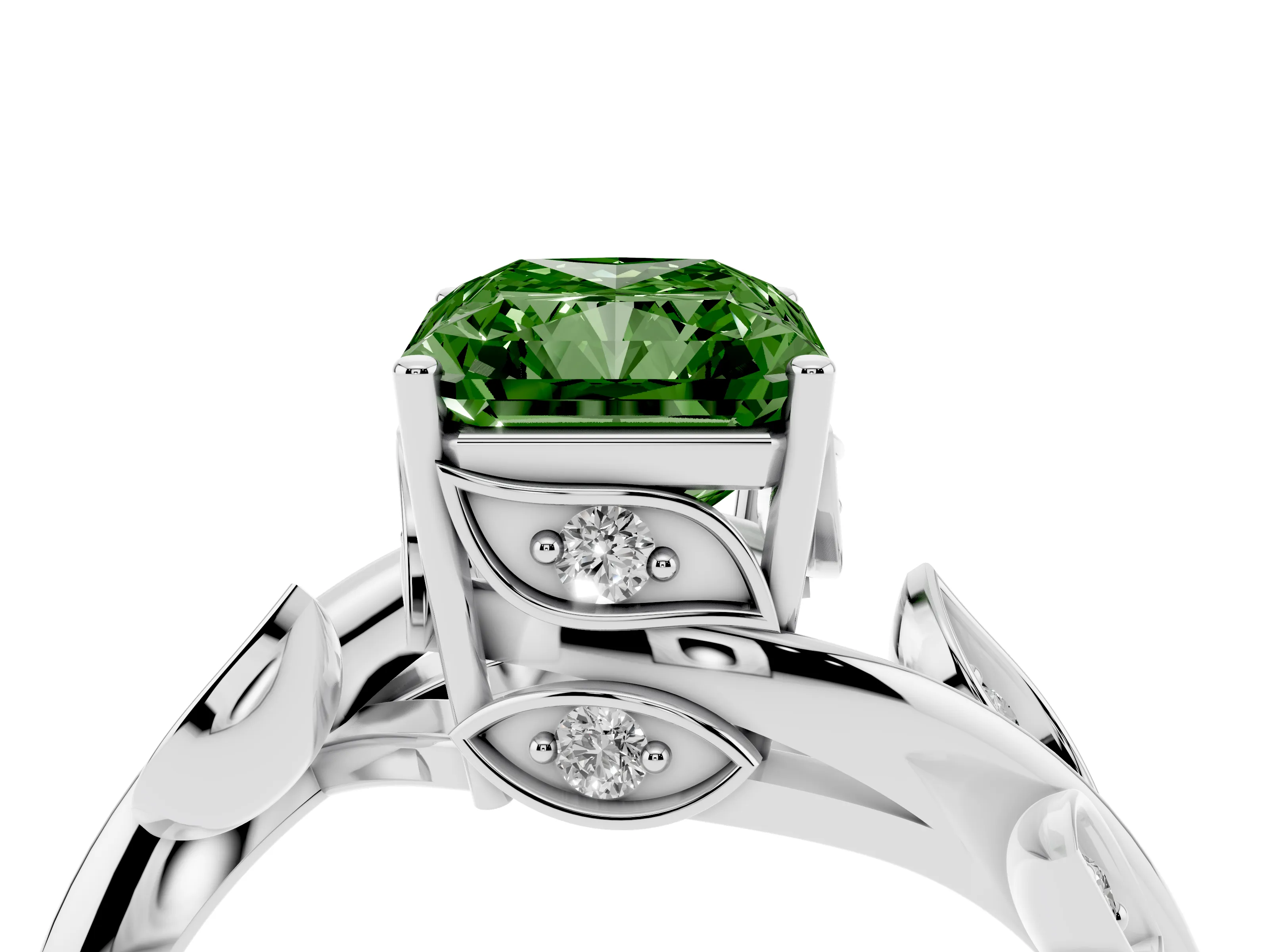 Fancy Green Radiant Cut Diamond Solitaire Twist Engagement Ring Set in White gold with Pavé Leaf Accents
