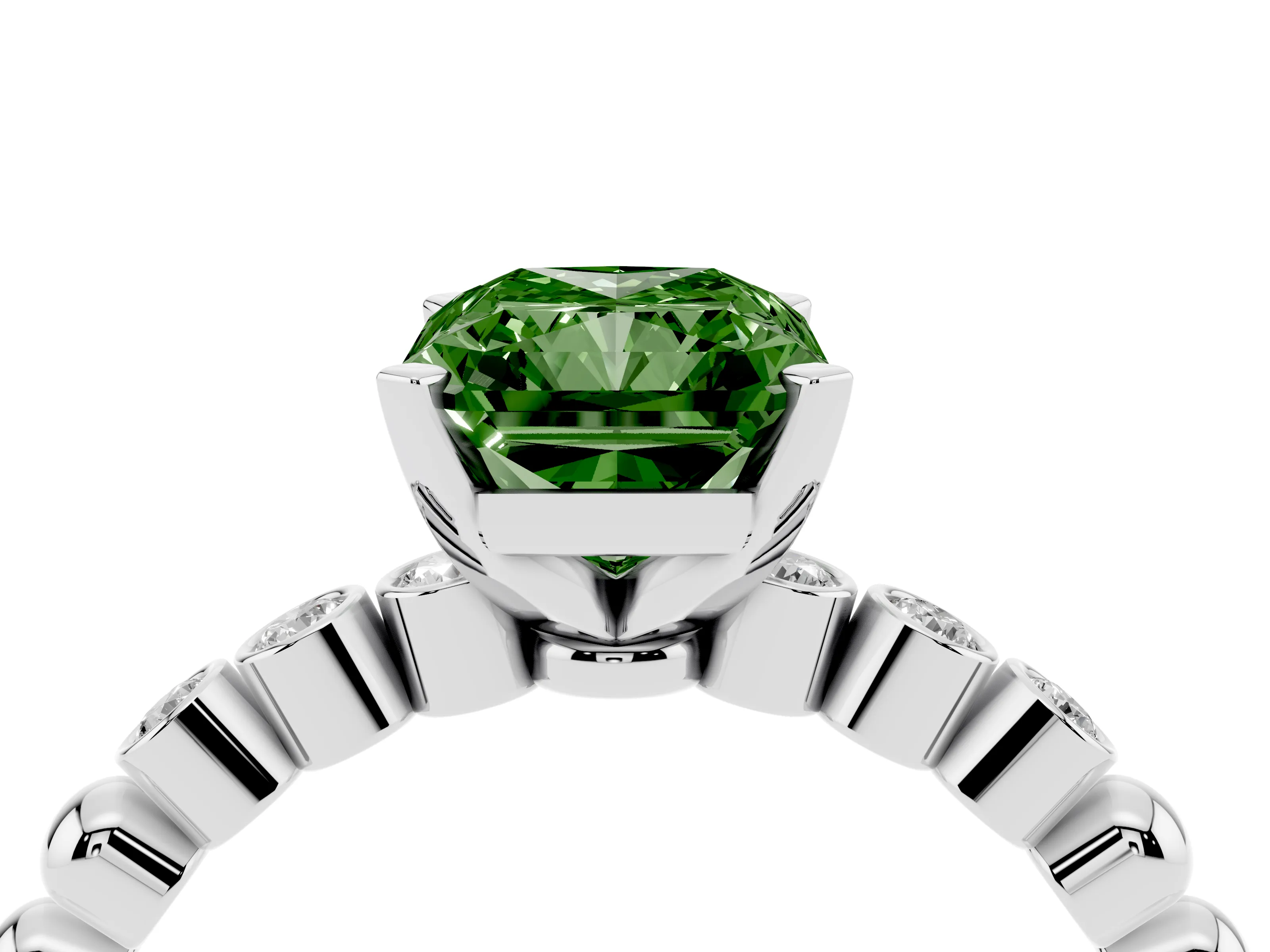 Fancy Green Radiant Cut Diamond Solitaire Engagement Ring Set in Silver with Bezel Accents on Beaded Band
