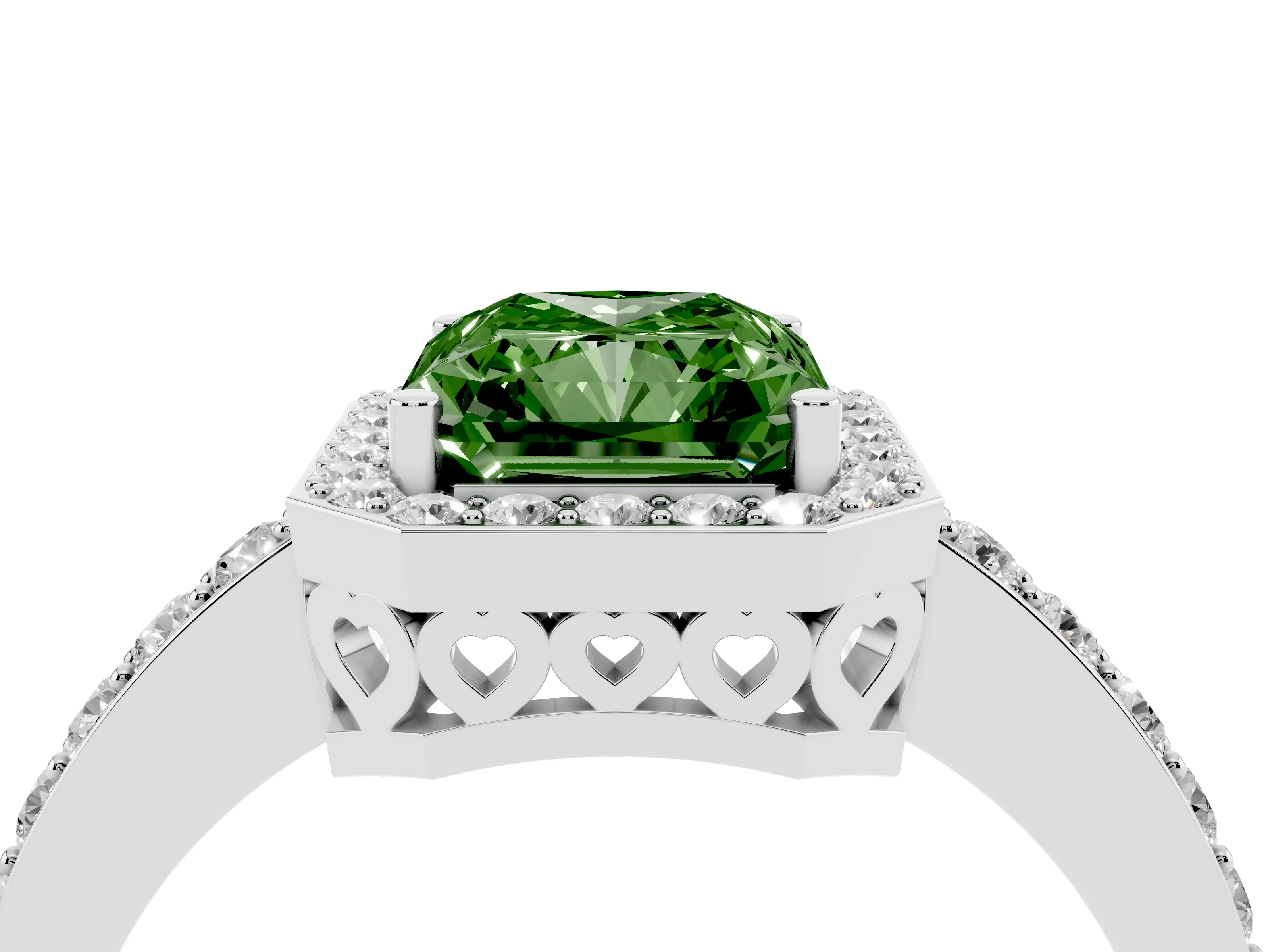 Fancy Green Radiant Cut Diamond Halo Ring Set in Silver with Pavé-Setting Band and Open Prong Center