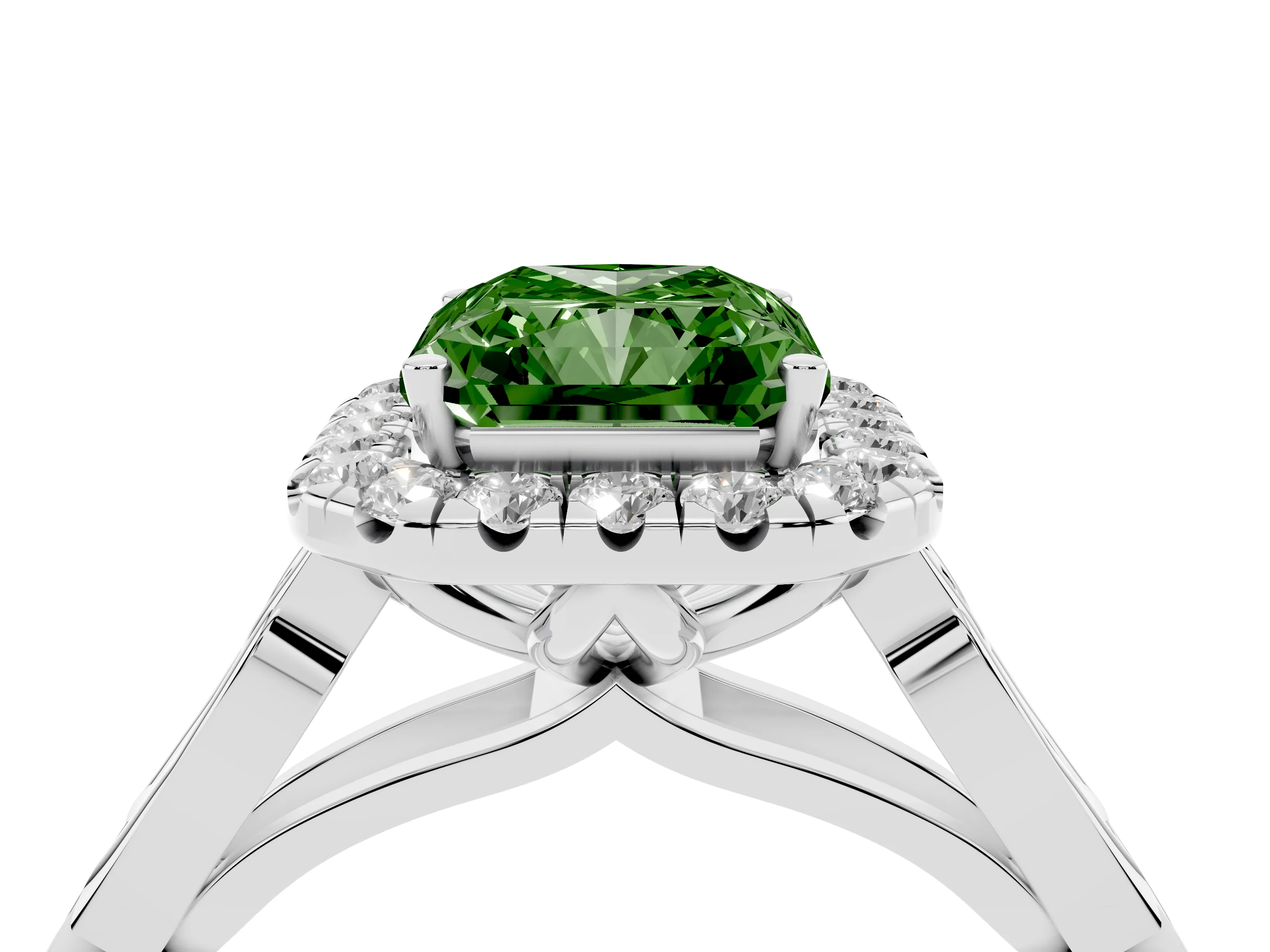 Fancy Green Radiant Cut Diamond Halo Engagement Ring Set in White gold with Filigree Band and Prong-Set Center