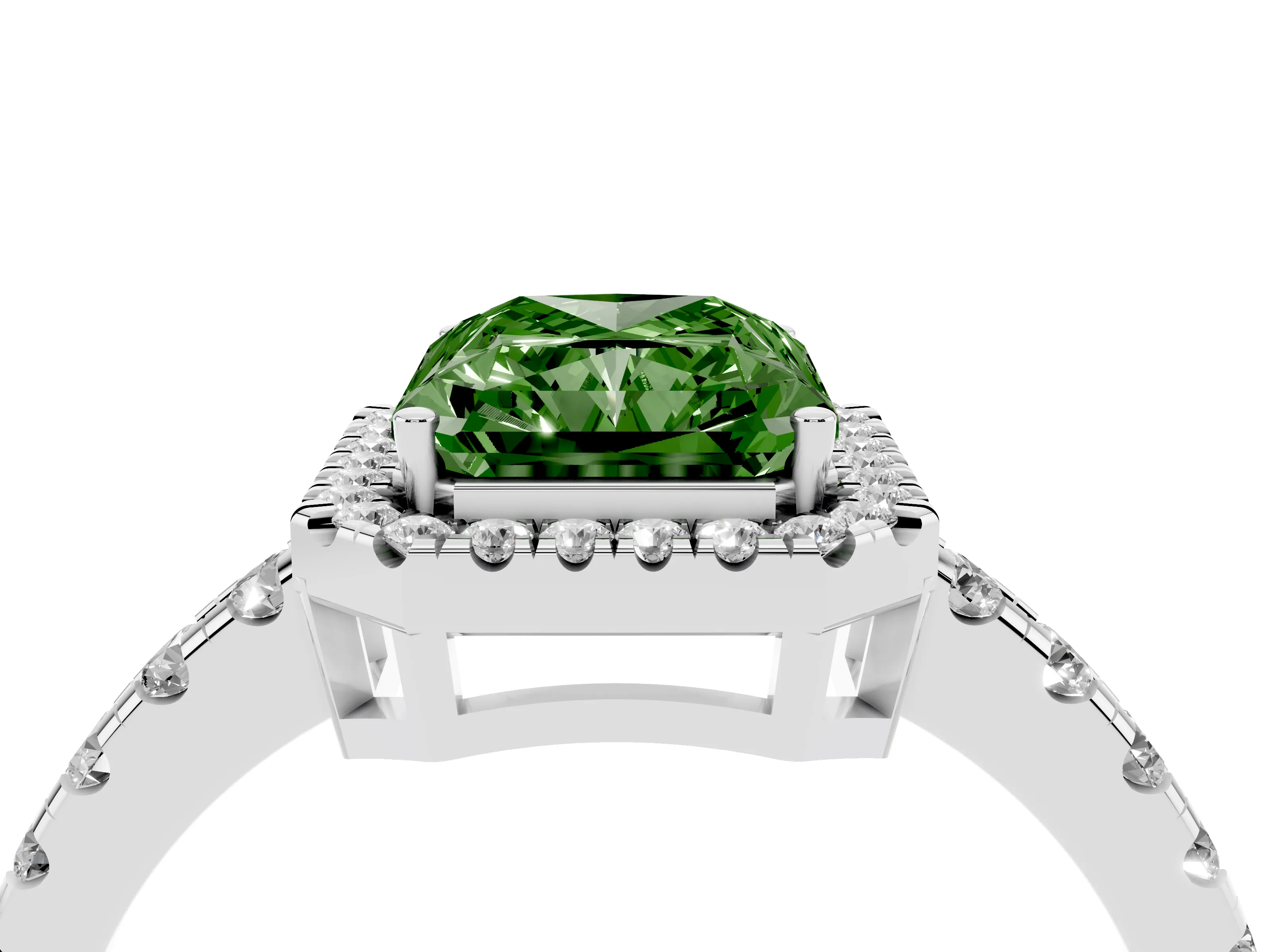 Fancy Green Radiant Cut Diamond Halo Ring Set in White gold with Delicate Pavé Band and Prong Setting