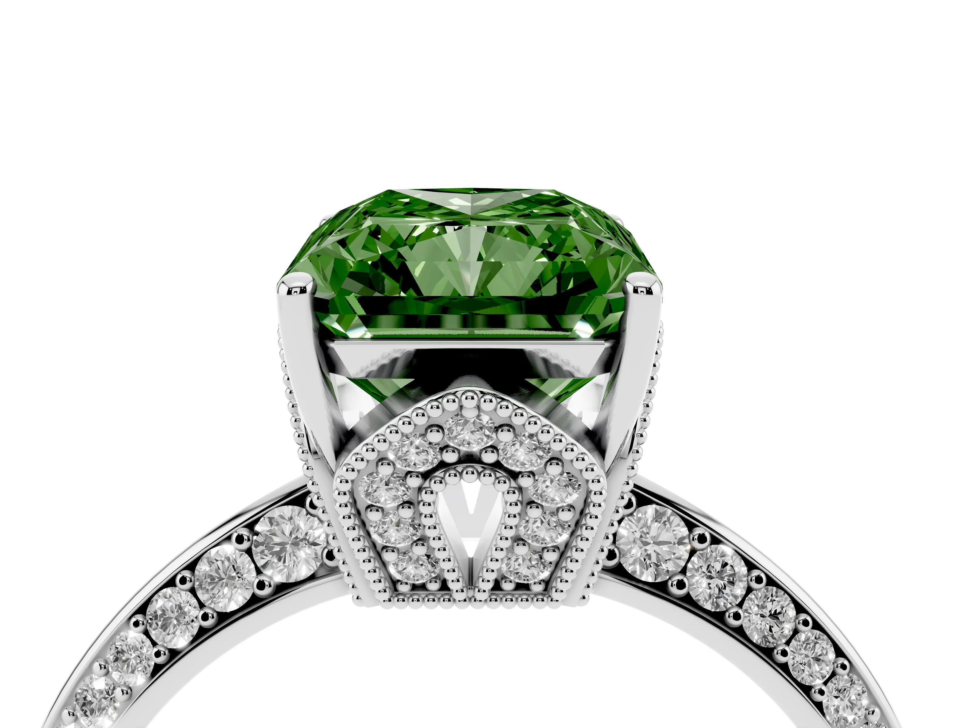 Fancy Green Radiant Cut Diamond Solitaire Engagement Ring Set in Silver with Pavé Split Shank and Prong Setting