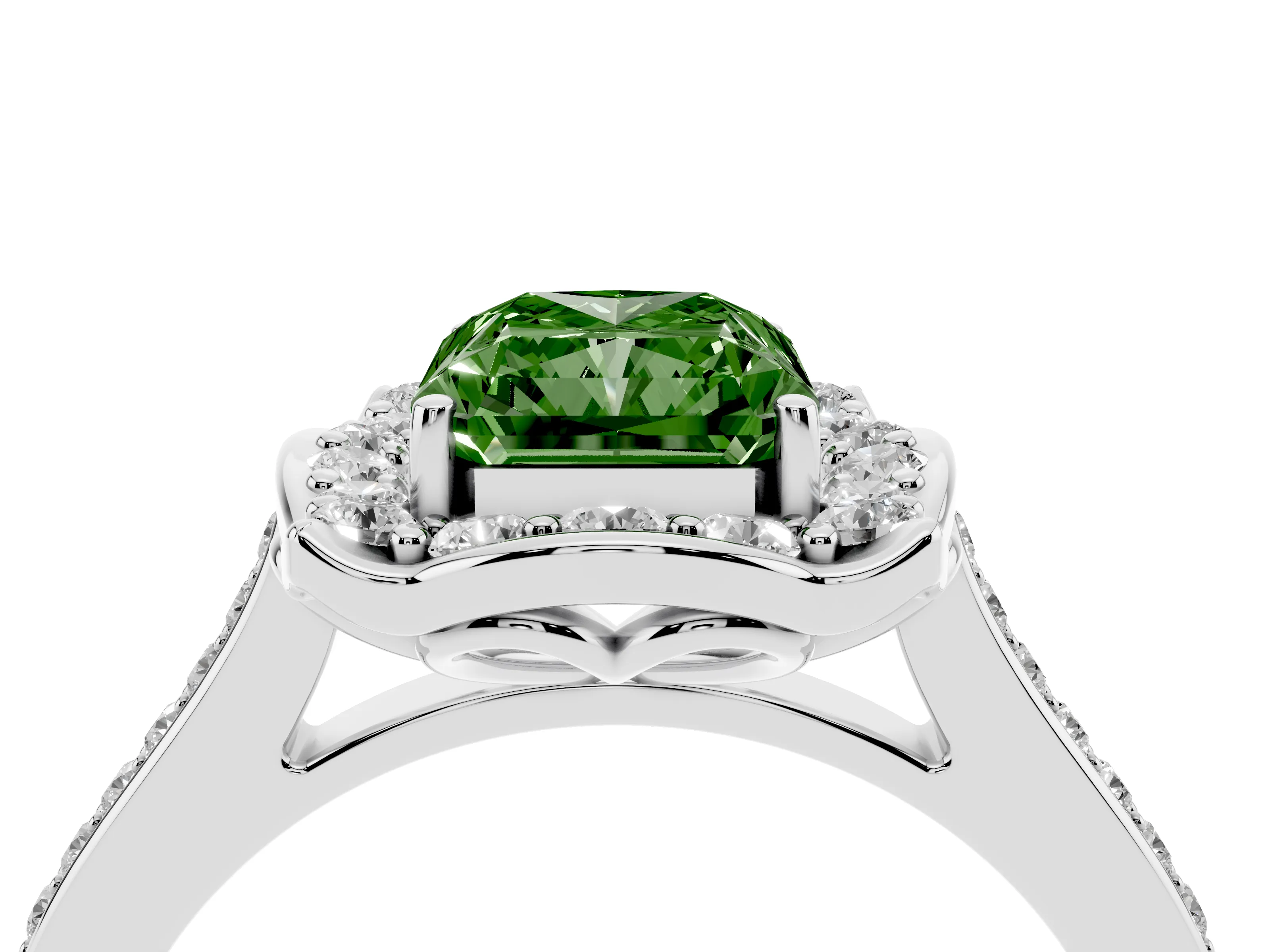 Fancy Green Radiant Cut Diamond Halo Ring Set in White gold with Pavé-Lined Shoulders and Prong Setting