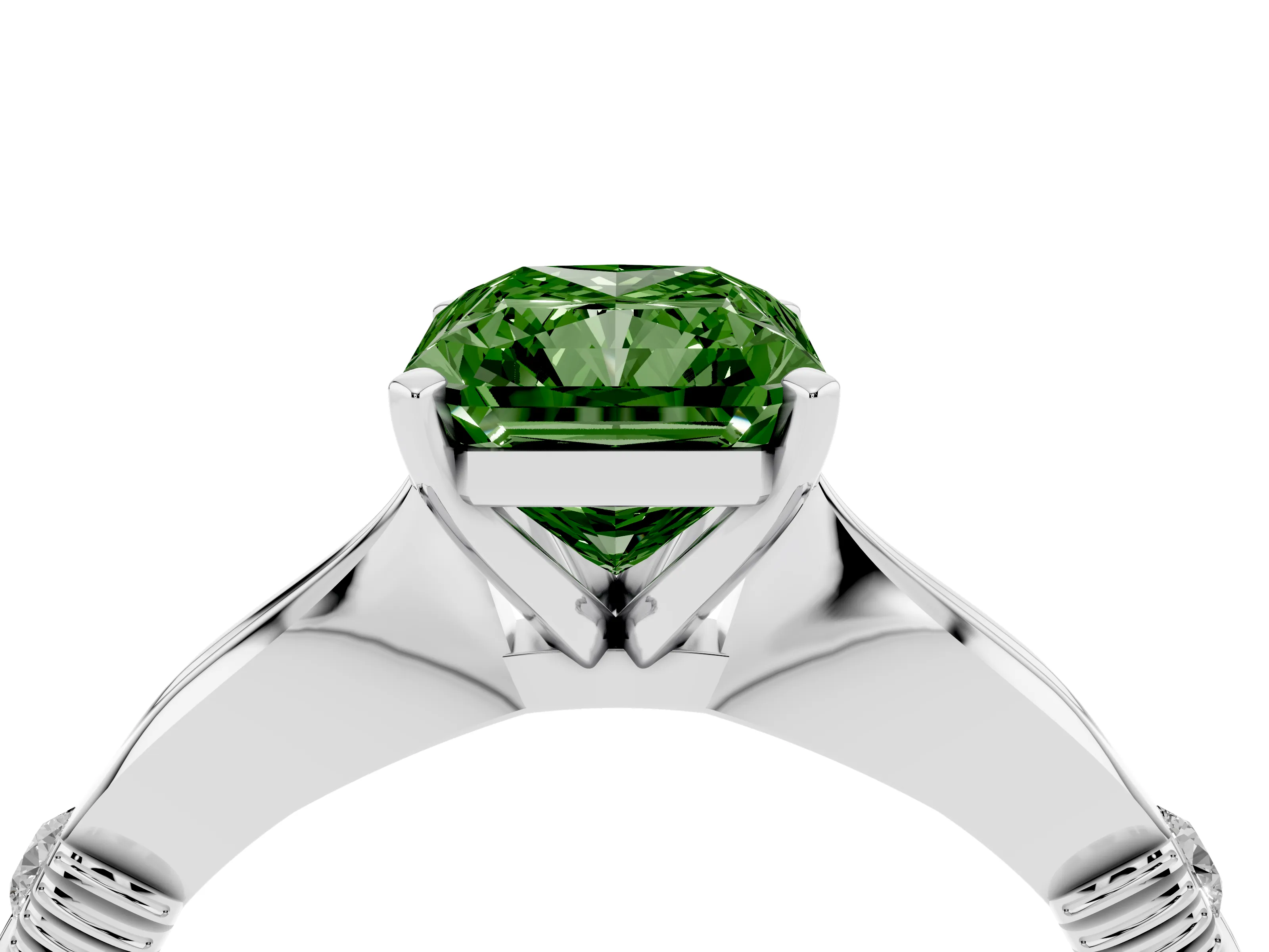 Fancy Green Radiant Cut Diamond Solitaire Twisted Band Ring Set in Silver with Accent Stones and Prong Setting