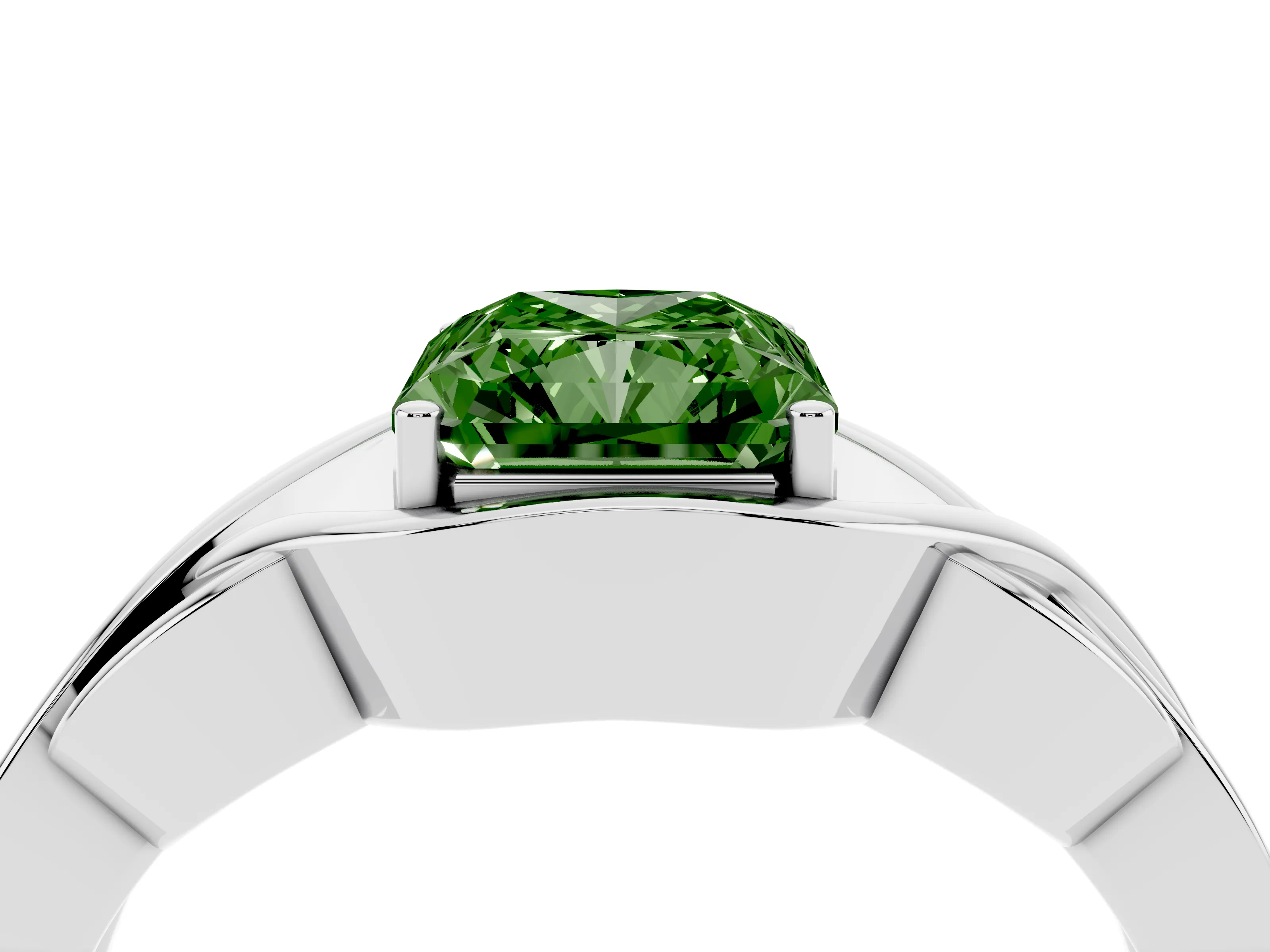 Fancy Green Radiant Cut Diamond Solitaire Ring Set in Silver with Intertwined Band