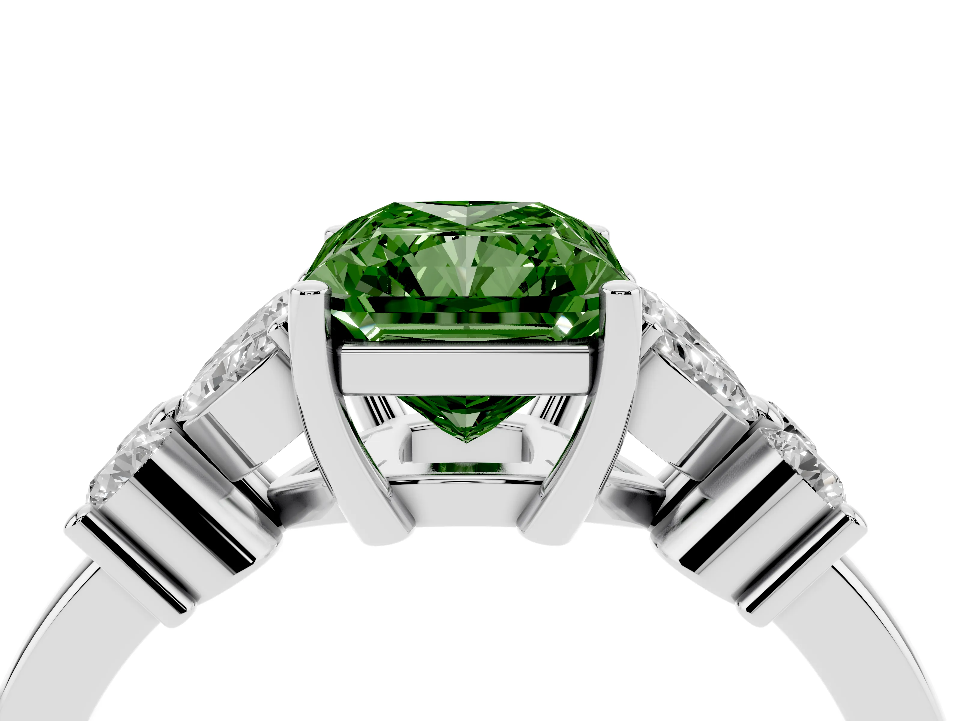 Fancy Green Radiant Cut Diamond Floral Cluster Ring Set in Silver with Marquise Petals and Prong Setting