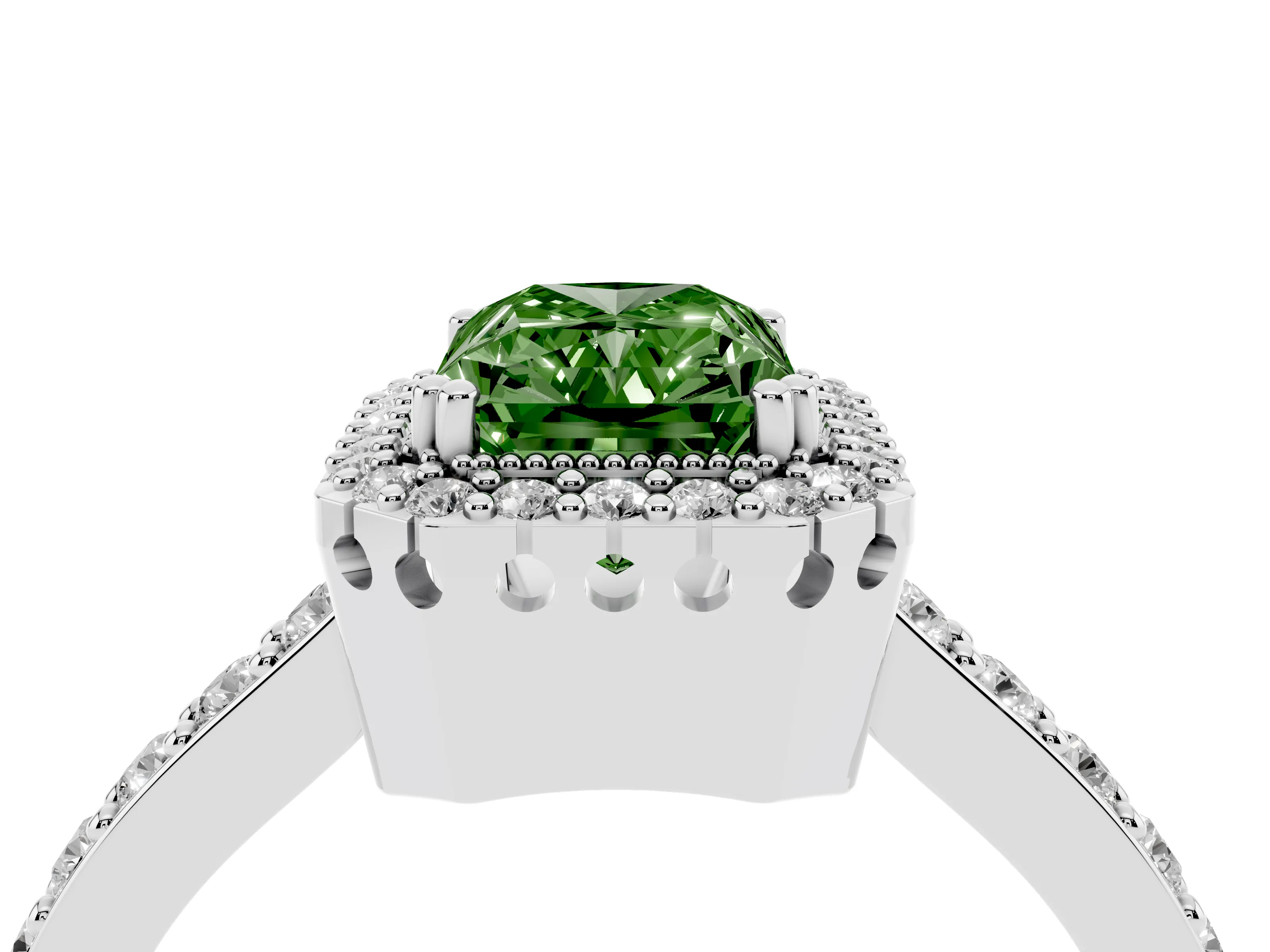 Fancy Green Radiant Cut Diamond Halo Engagement Ring Set in Silver with Milgrain Detail and Pavé Band