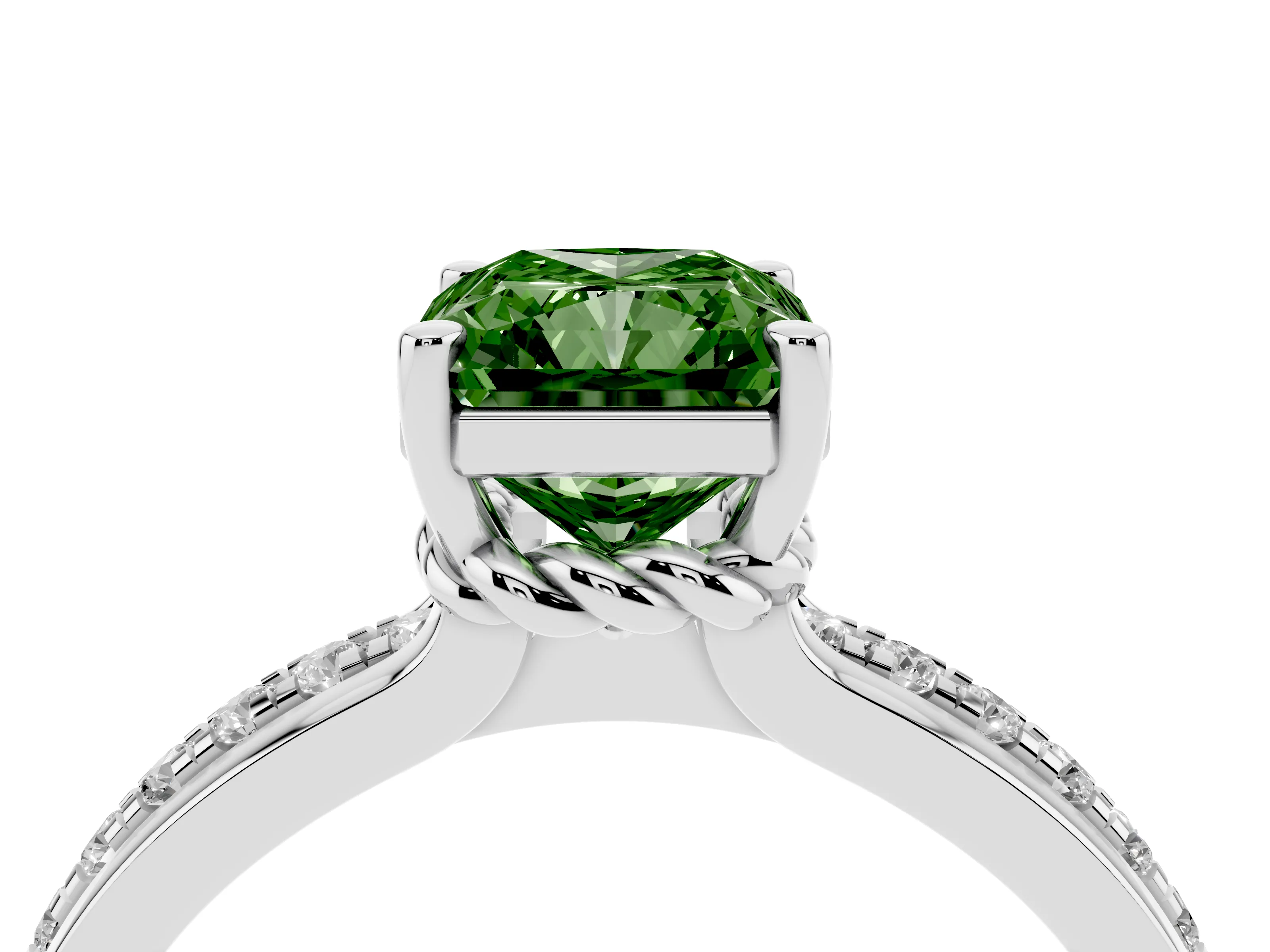 Fancy Green Radiant Cut Diamond Solitaire Ring Set in White gold with Channel Set Band and Prong Setting
