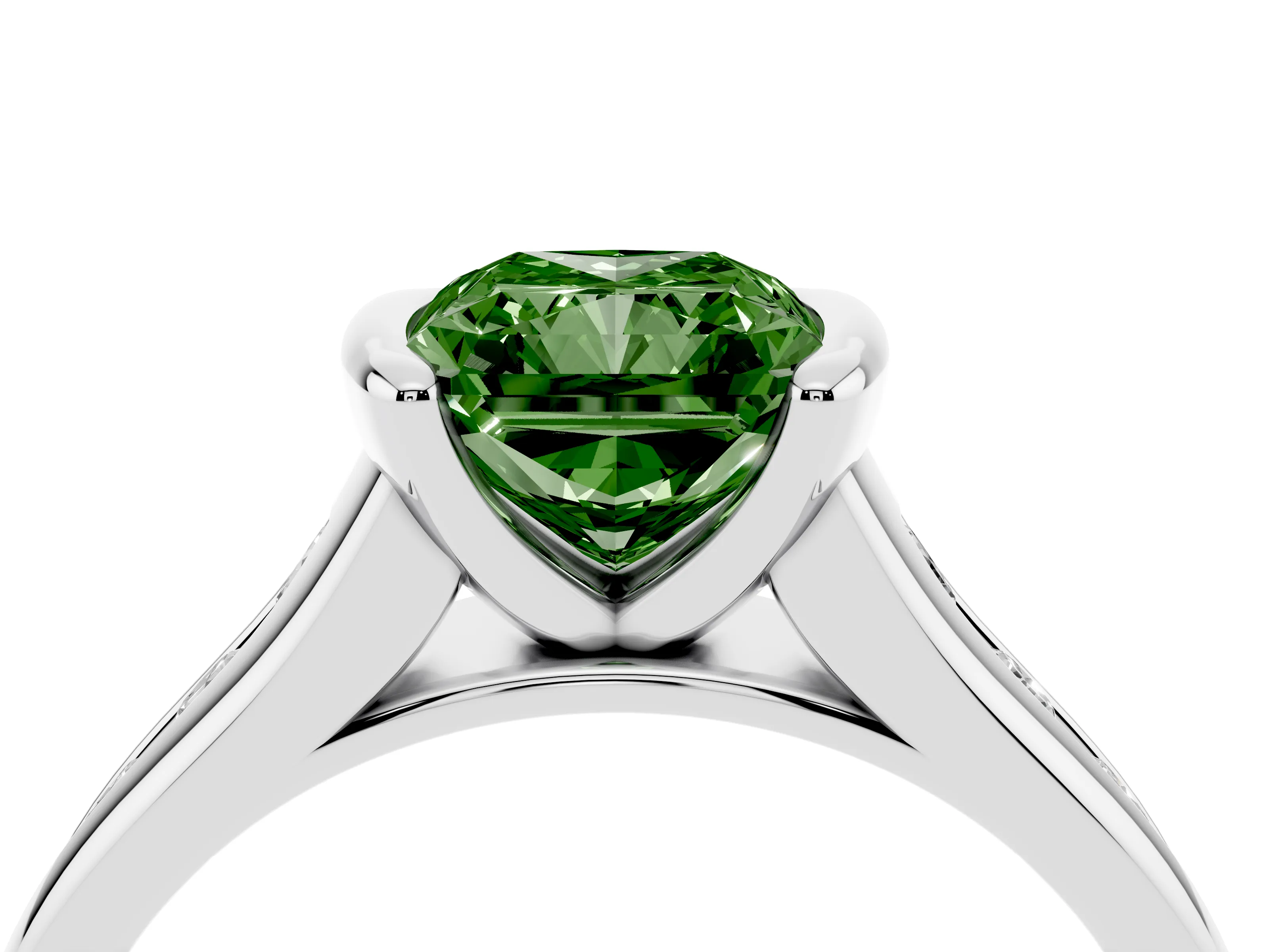 Fancy Green Radiant Cut Diamond Bezel-Set Solitaire Ring Set in White gold with Channel-Set Band
