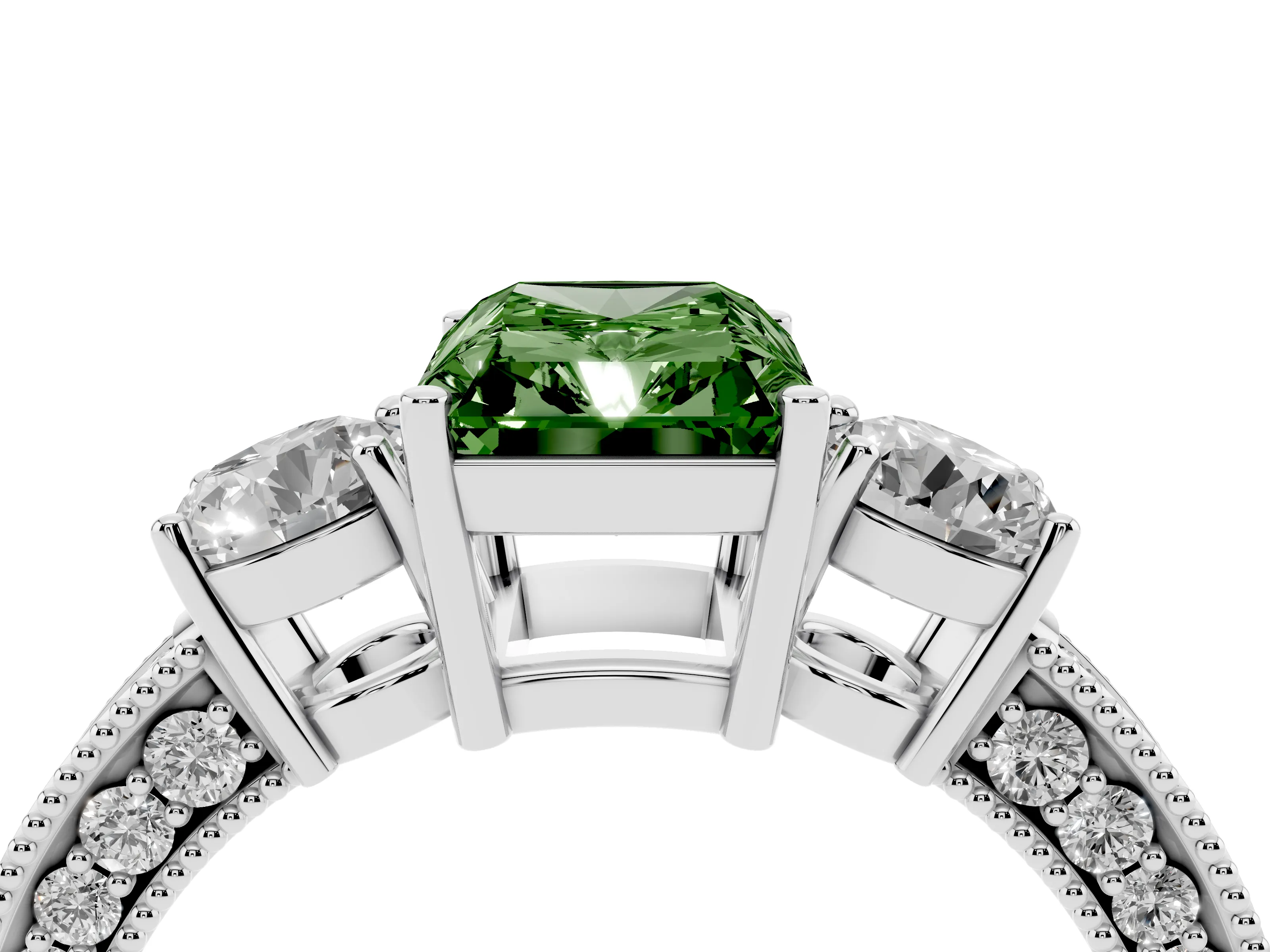 Fancy Green Radiant Cut Diamond Three-Stone Ring Set in Platinum with Round Side Stones and Pavé Band