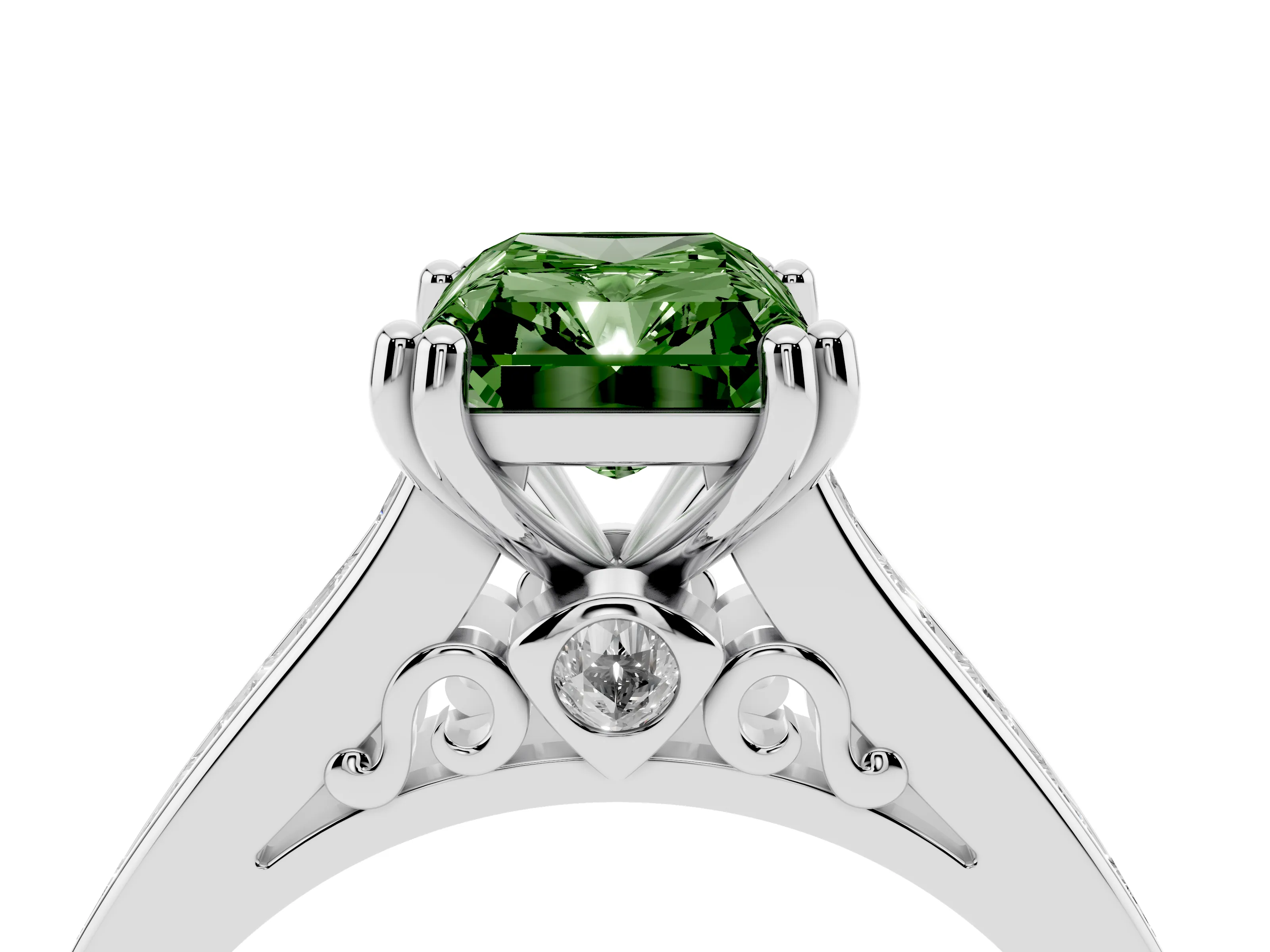Fancy Green Radiant Cut Diamond Channel Set Solitaire Engagement Ring Set in Platinum with Prong Setting