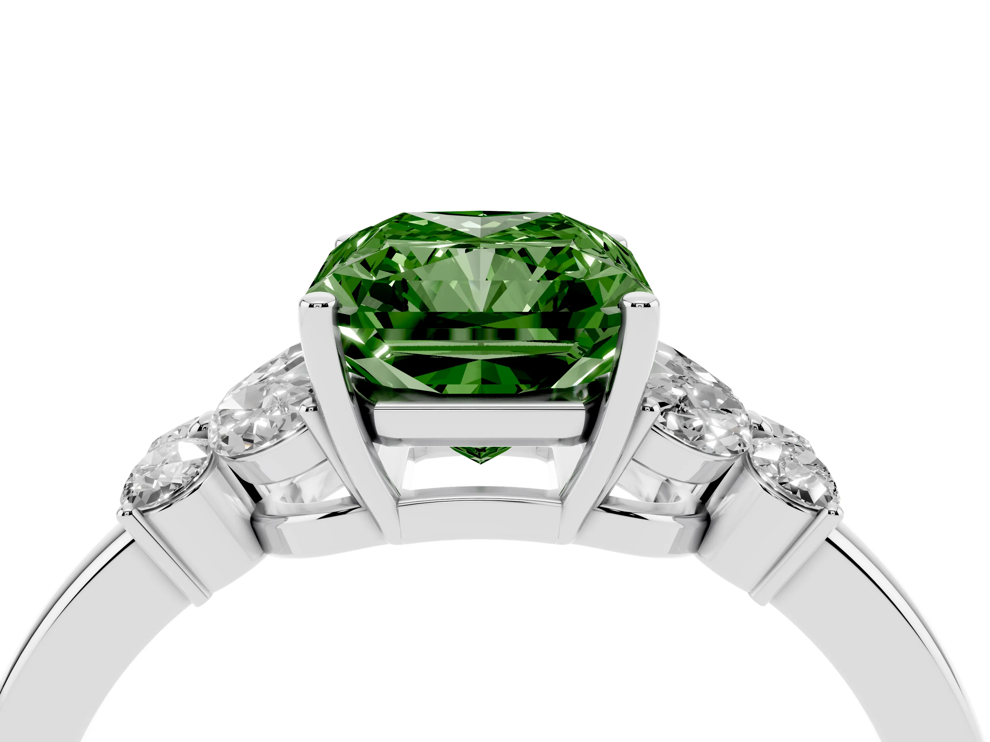 Fancy Green Radiant Cut Diamond Solitaire Floral Ring Set in Platinum with Marquise Petals and Prong Setting