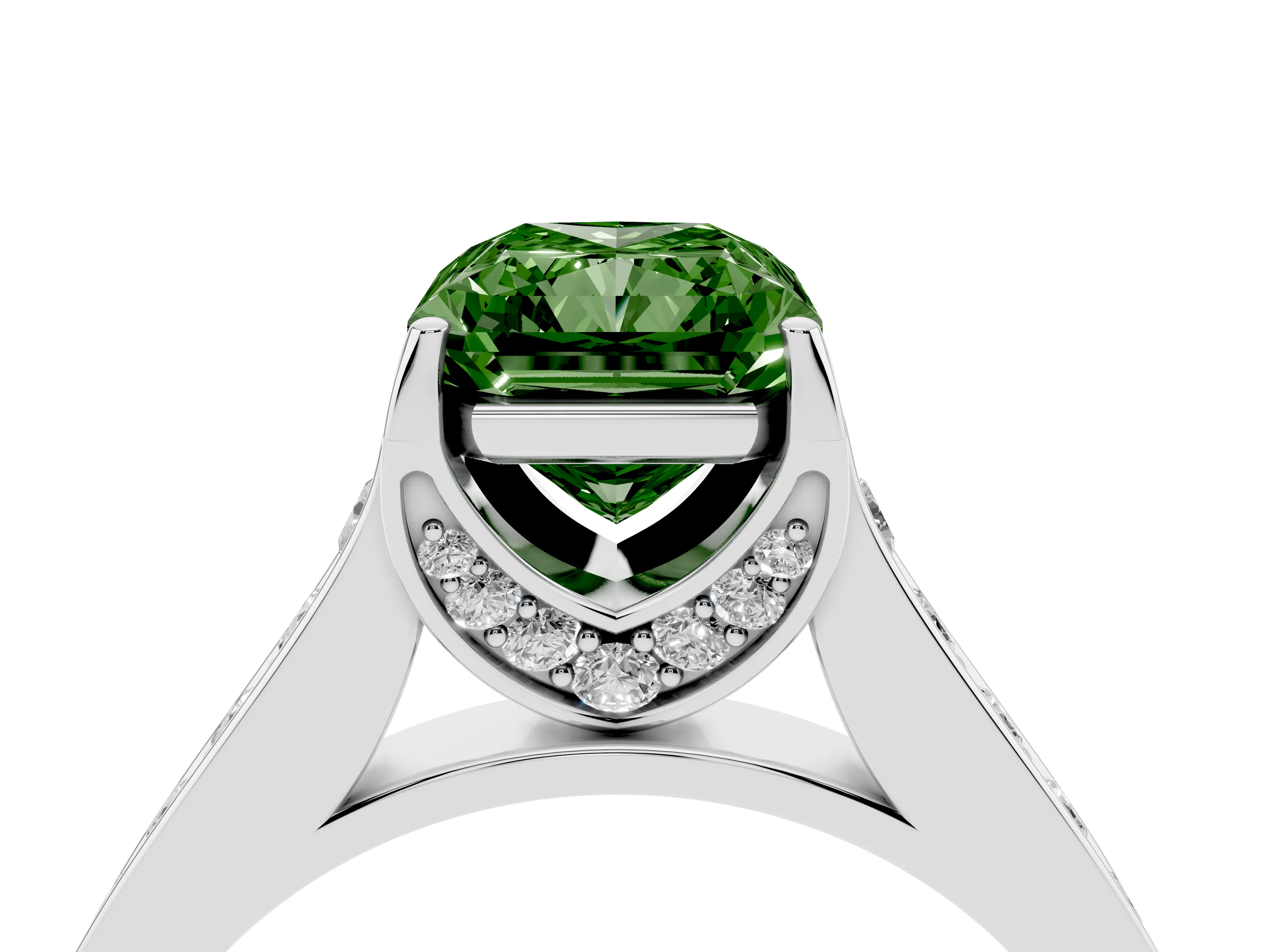 Fancy Green Radiant Cut Diamond Solitaire Pavé Engagement Ring Set in White gold with Prong Setting