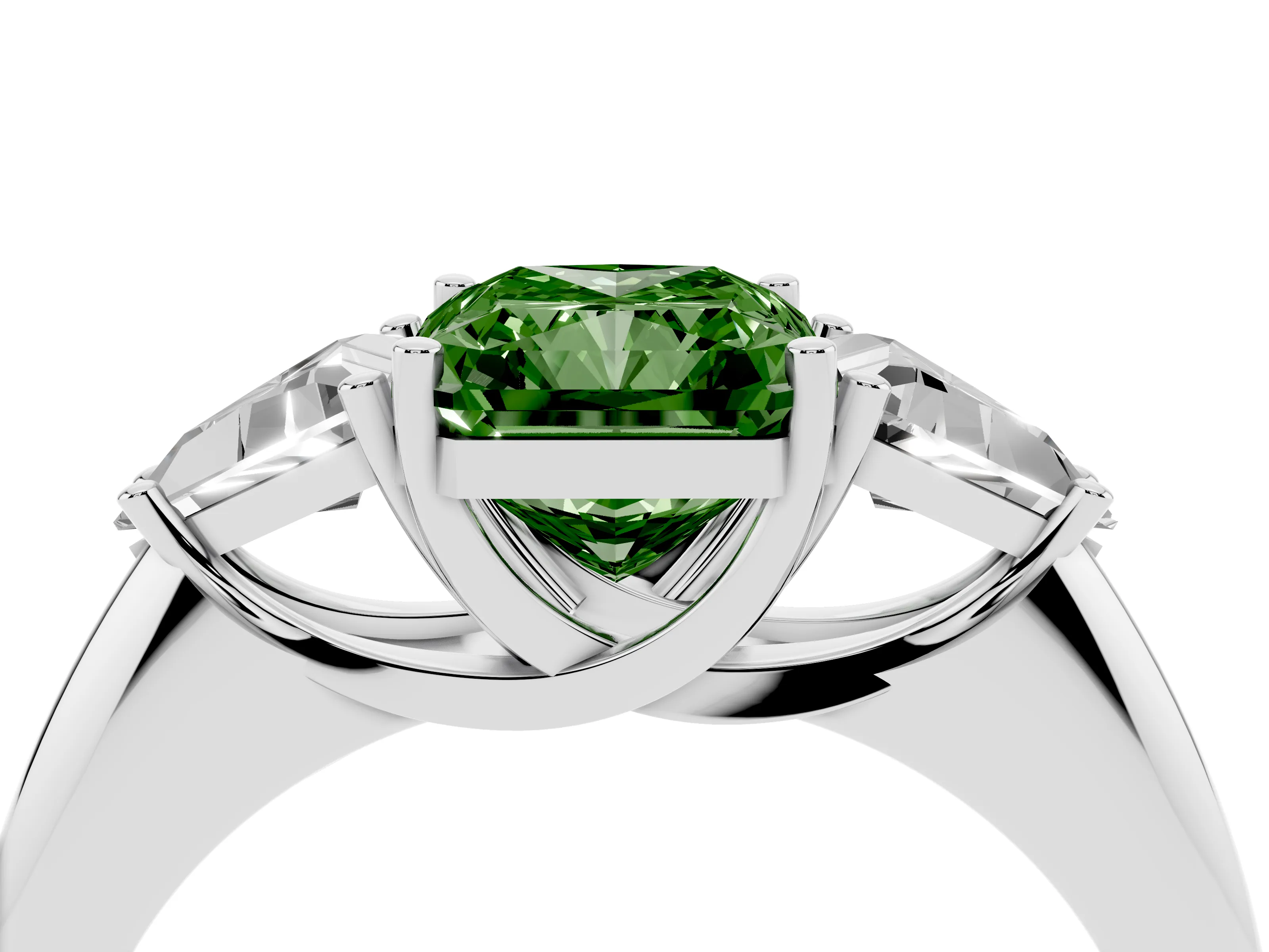 Fancy Green Radiant Cut Diamond Three-Stone Engagement Ring Set in Platinum with Trillion Side Stones
