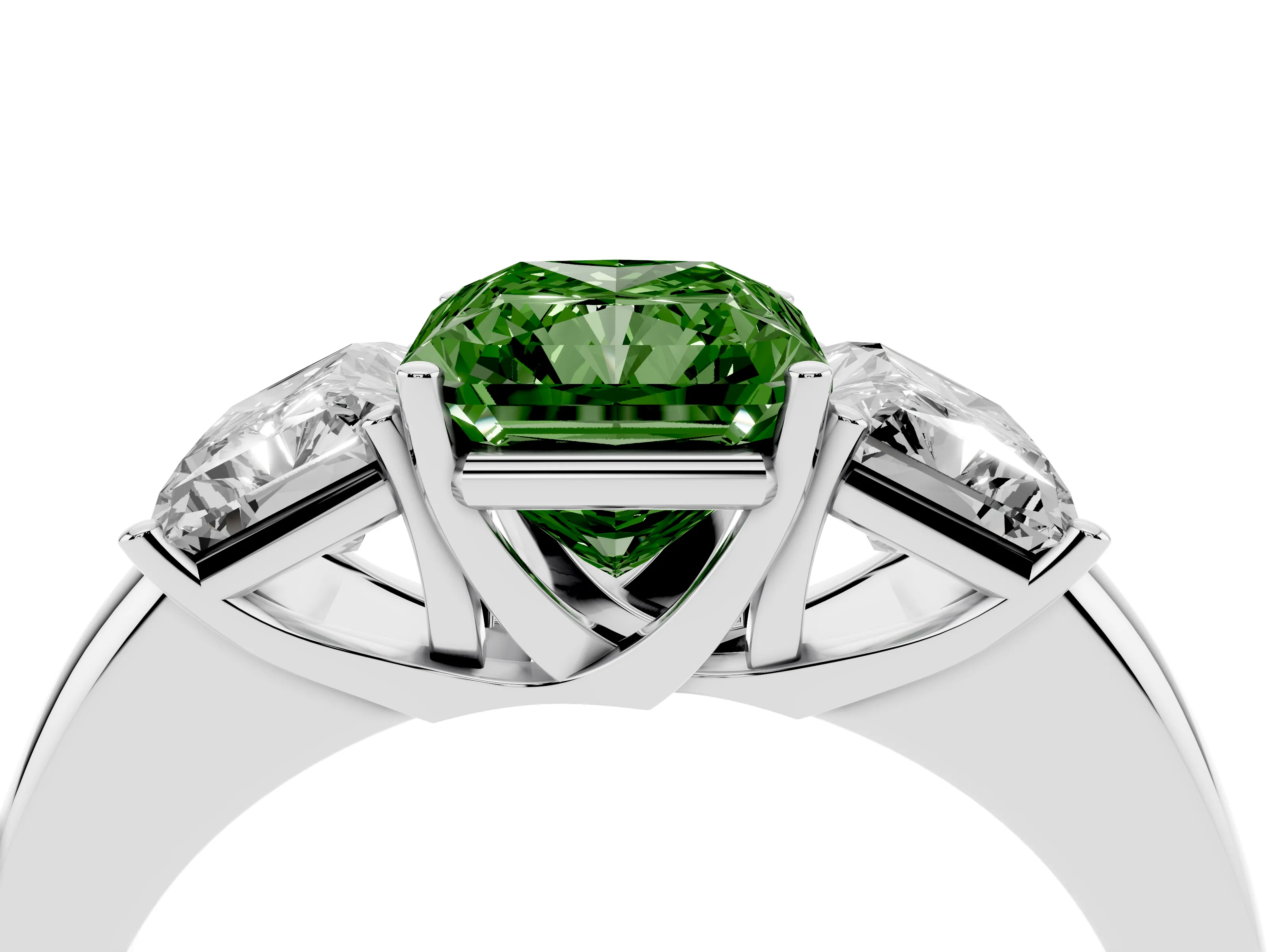 Fancy Green Radiant Cut Diamond Three-Stone Ring Set in Silver with Bold Center and Classic Band