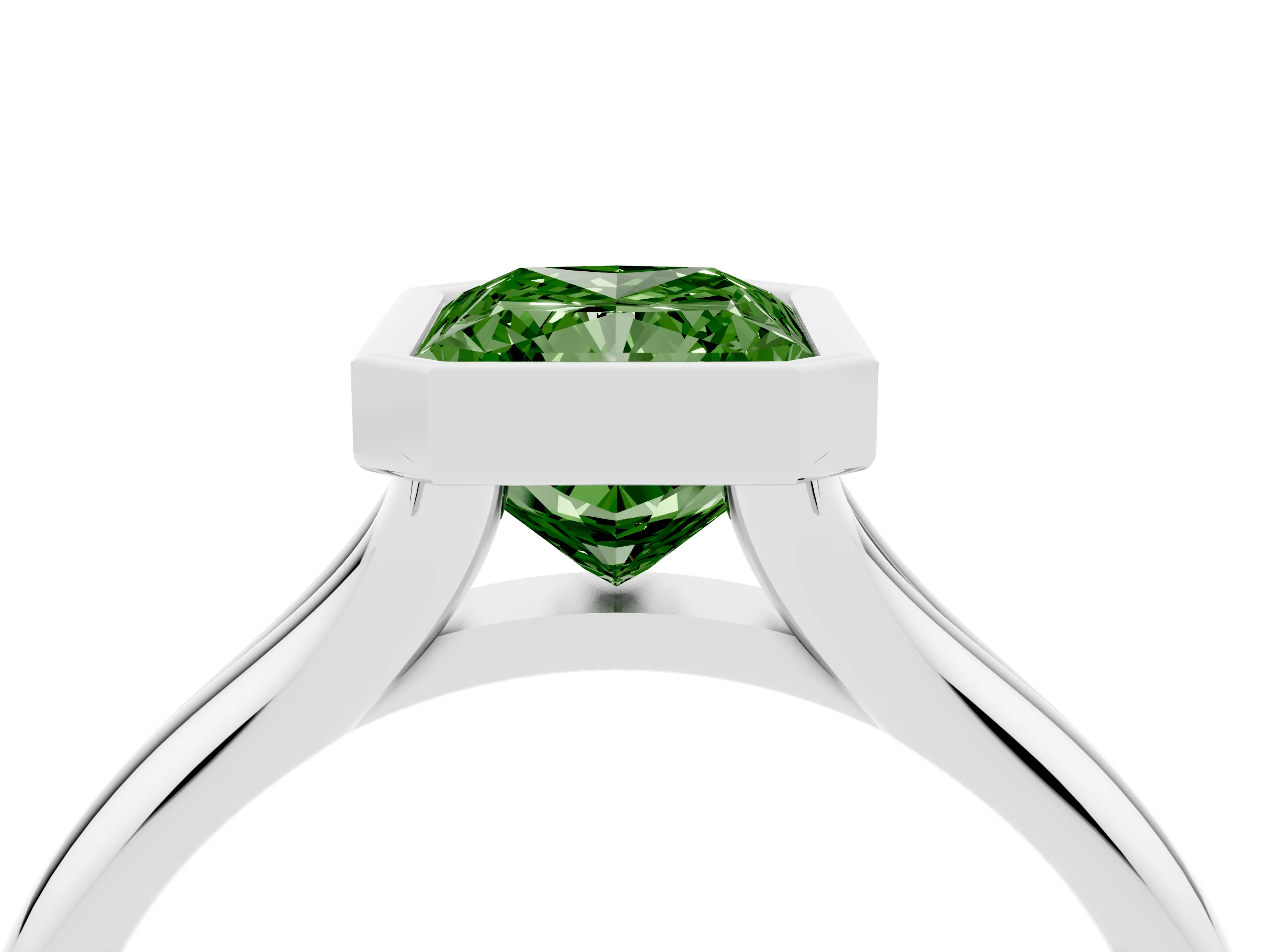 Fancy Green Bezel Set Radiant Cut Diamond Solitaire Ring Set in Silver with Smooth Band