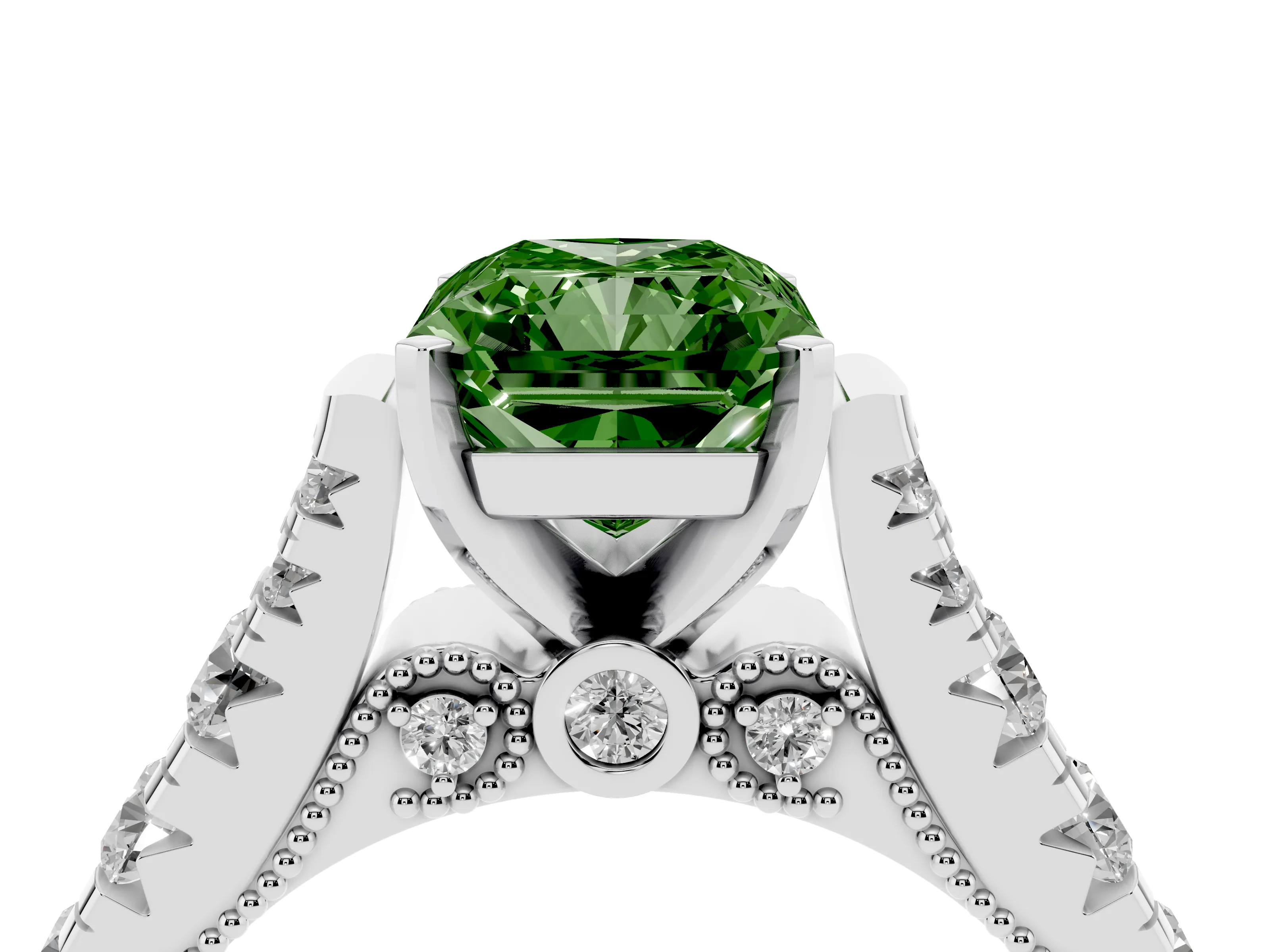 Fancy Green Radiant Cut Diamond Classic Solitaire Ring Set in White gold with Pavé Band and Prong Setting