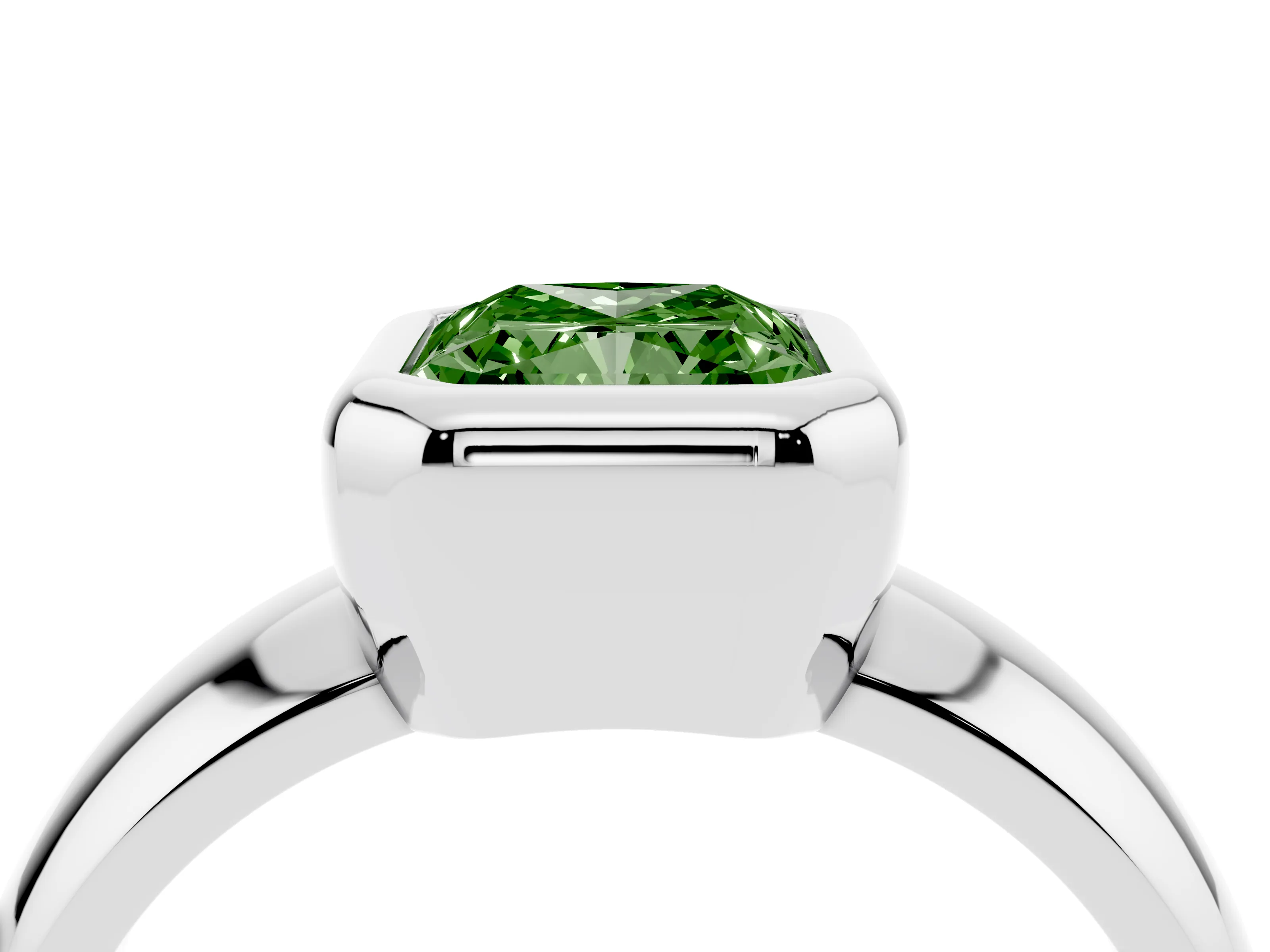 Fancy Green Bezel Set Radiant Cut Diamond Solitaire Ring Set in Silver with Wide Band