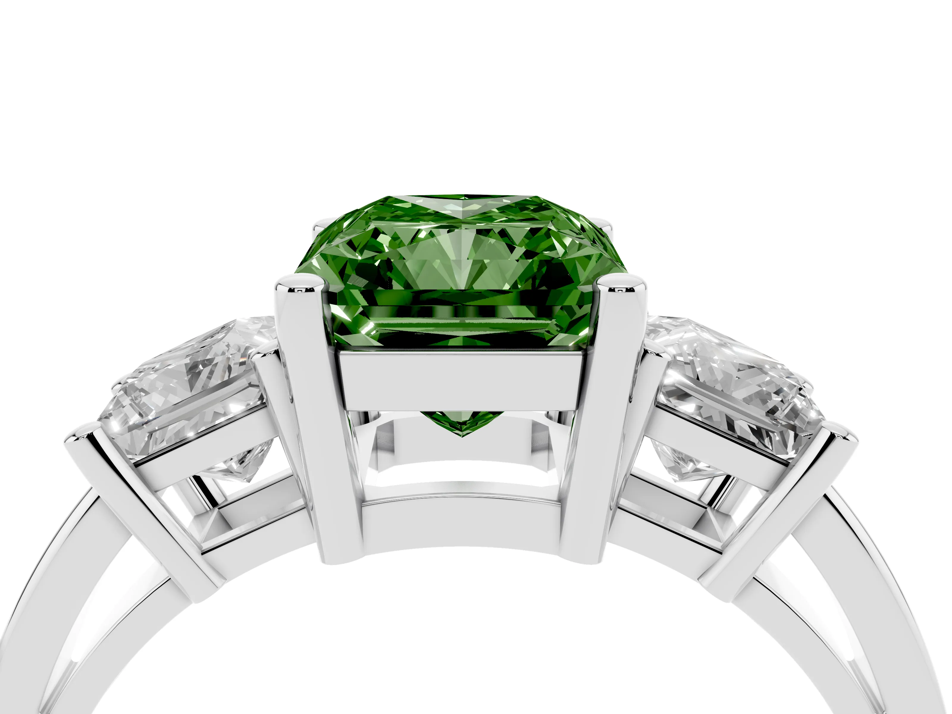 Fancy Green Three-Stone Radiant Cut Diamond Solitaire Ring Set in Platinum with Prong Setting