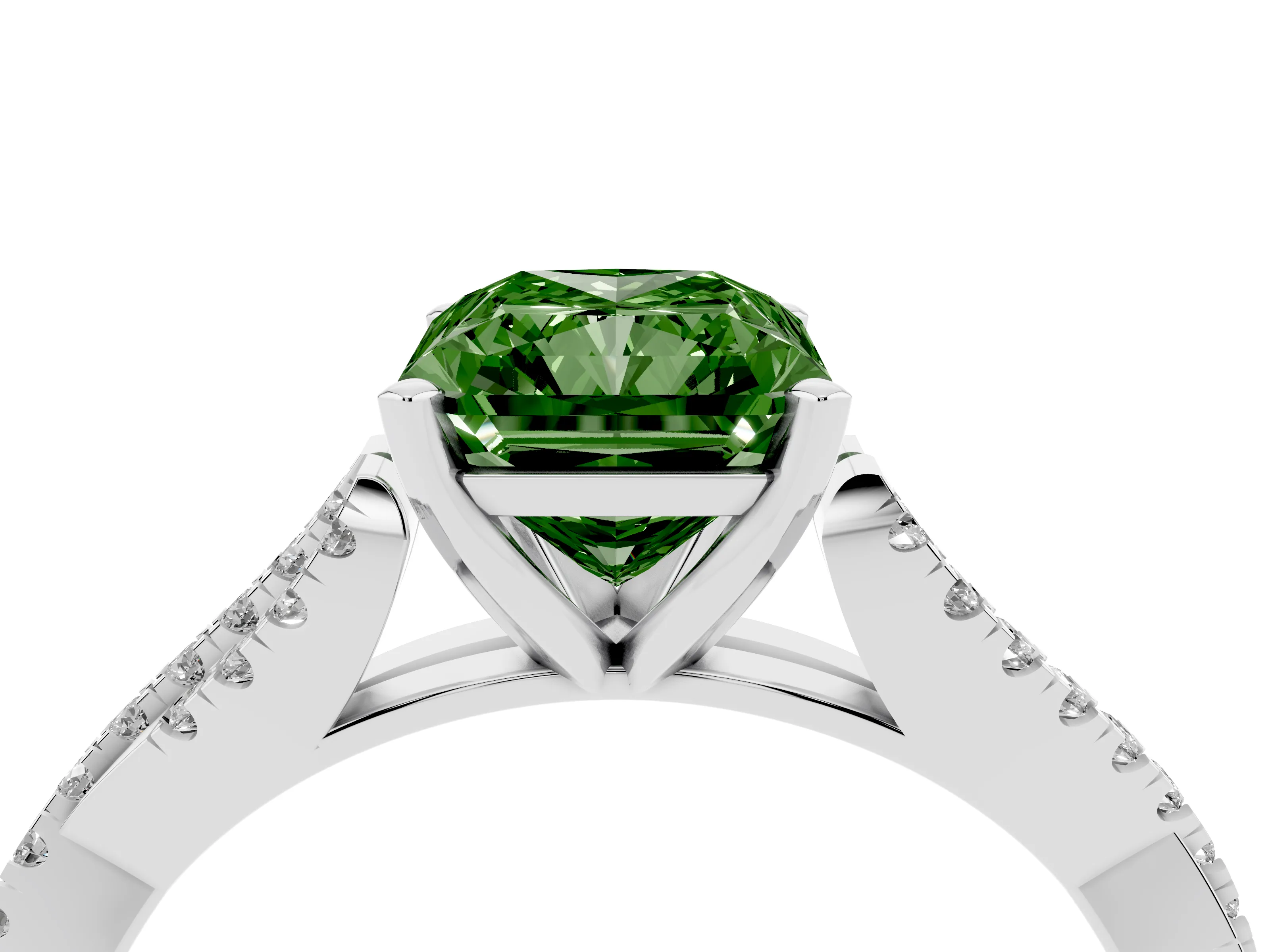 Fancy Green Radiant Cut Diamond Solitaire Engagement Ring Set in Platinum with Twisted Pavé Band and Prong Setting
