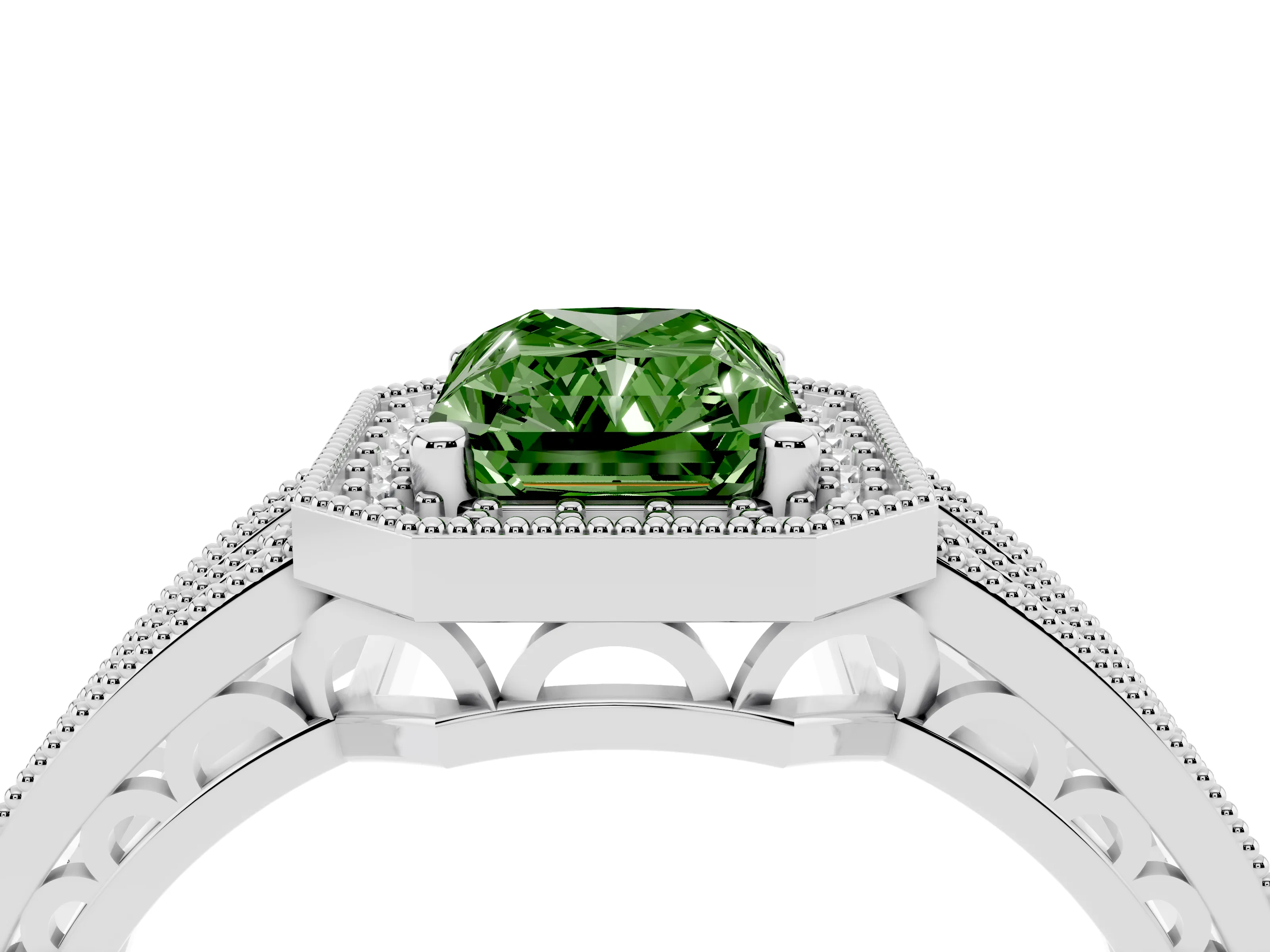 Fancy Green Radiant Cut Diamond Halo Ring Set in Platinum with Accent Split Shank and Prong Setting