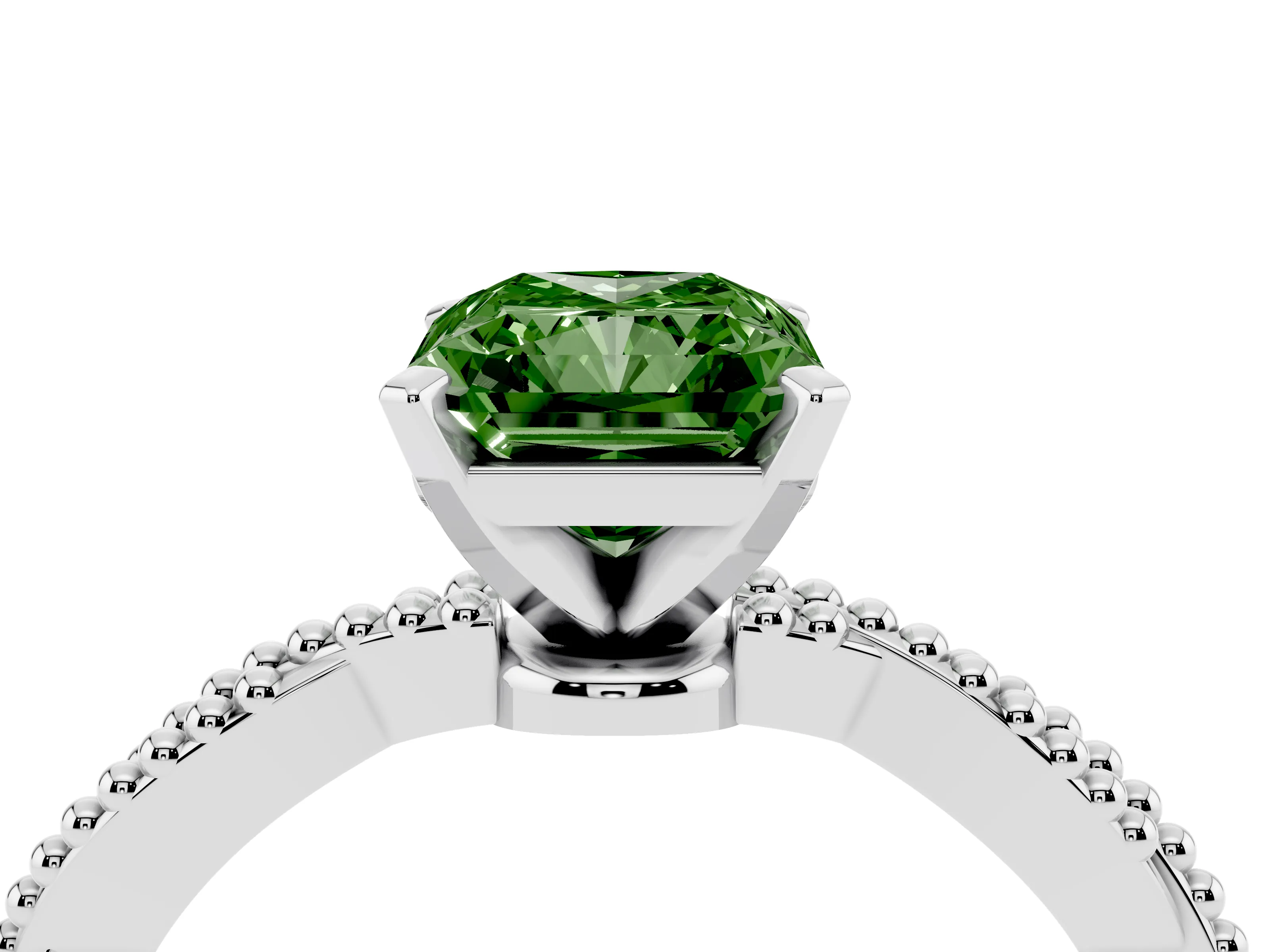 Fancy Green Radiant Cut Diamond Solitaire Ring Set in Silver with Twisted Band and Bead Prong Setting