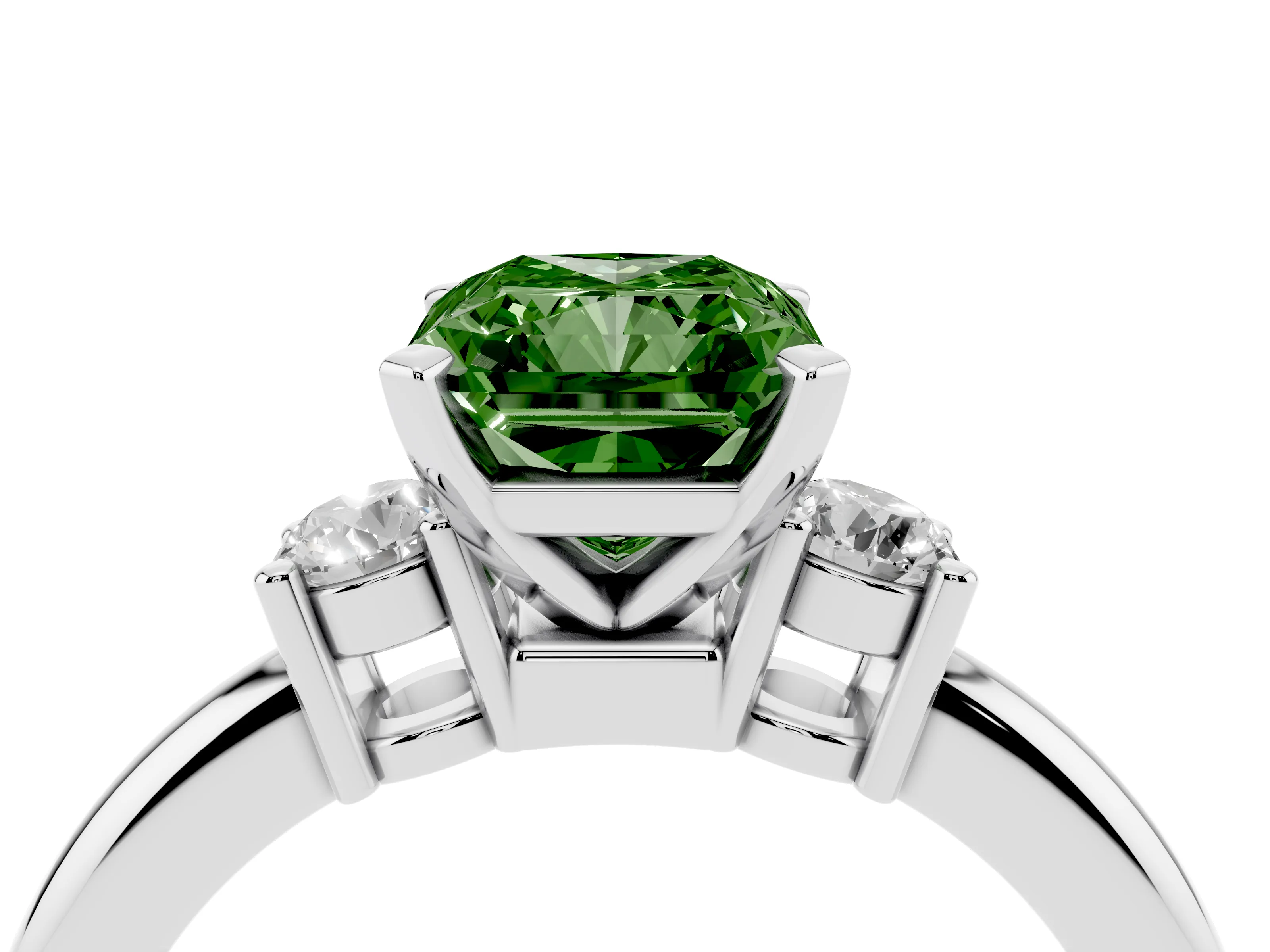 Fancy Green Three-Stone Radiant Cut Diamond Ring Set in Silver with Prong Setting and Plain Band