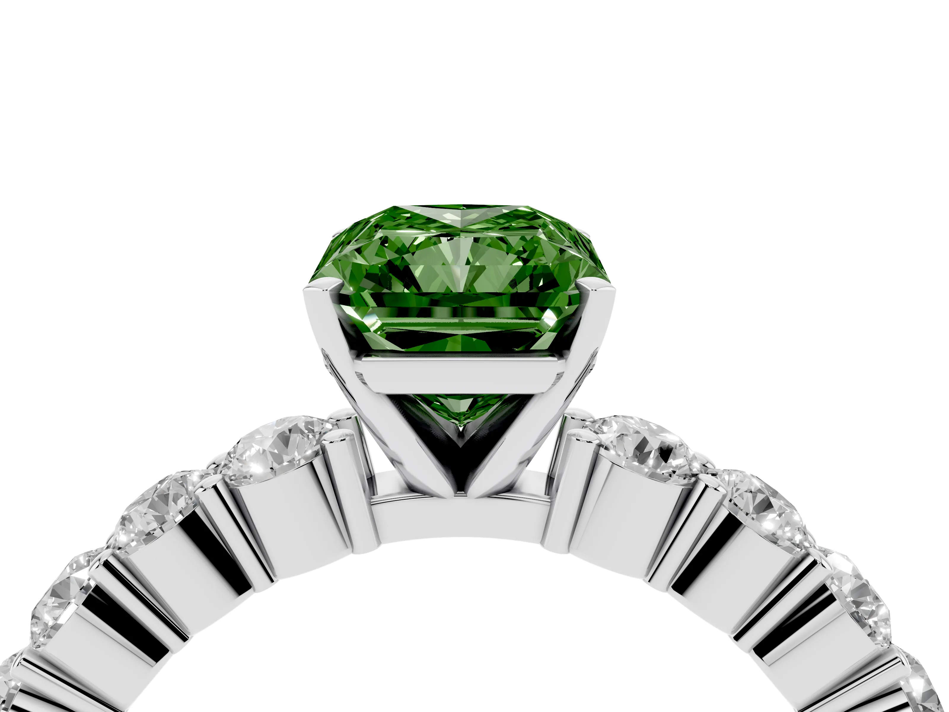 Fancy Green Radiant Cut Diamond Solitaire Ring Set in Platinum with Shared Prong Round Side Stones